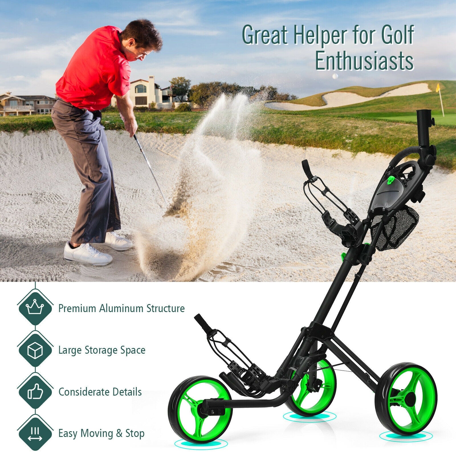 Folding 3 Wheels Golf Push Cart with Brake Scoreboard Adjustable Handle, Green Golf at Gallery Canada