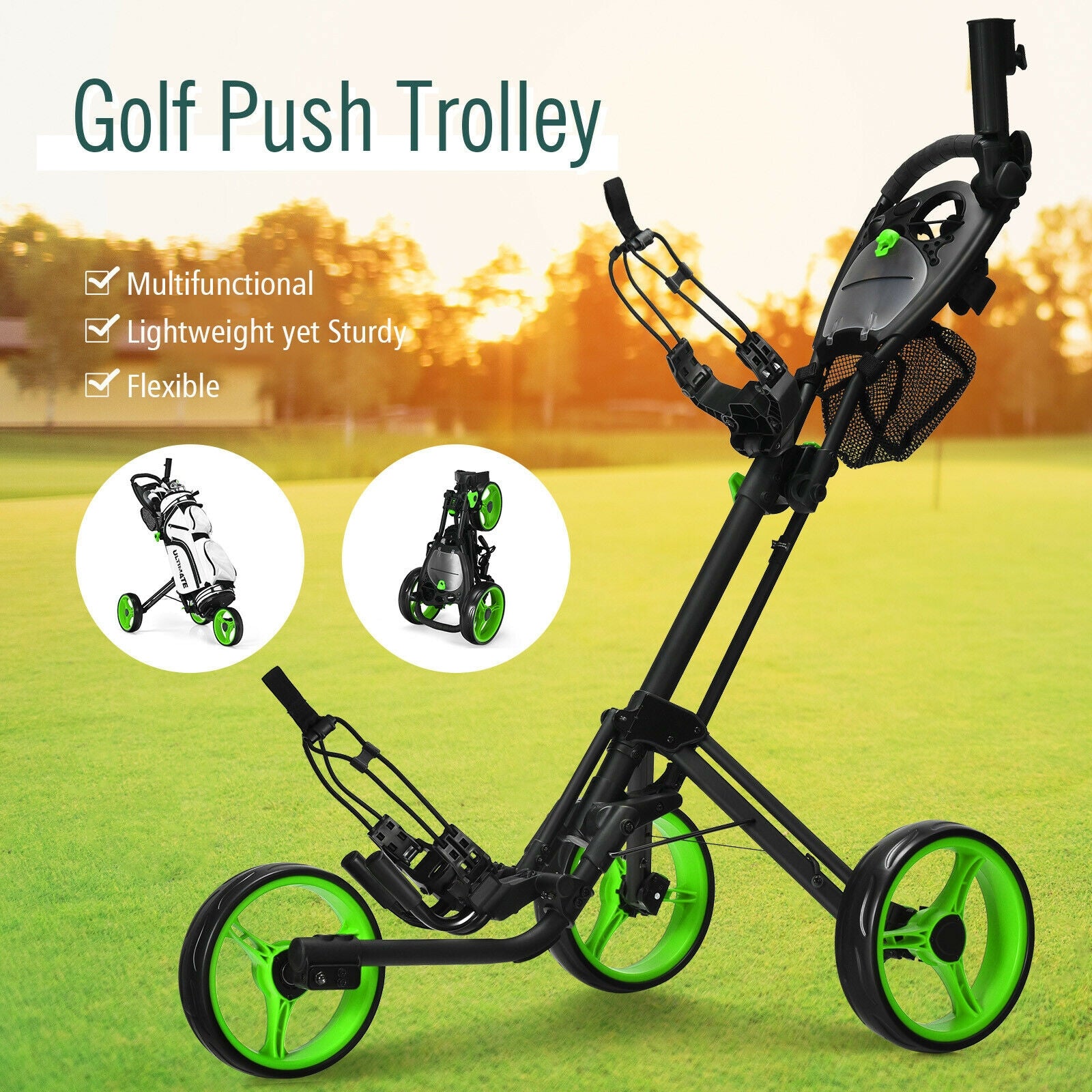 Folding 3 Wheels Golf Push Cart with Brake Scoreboard Adjustable Handle, Green Golf at Gallery Canada