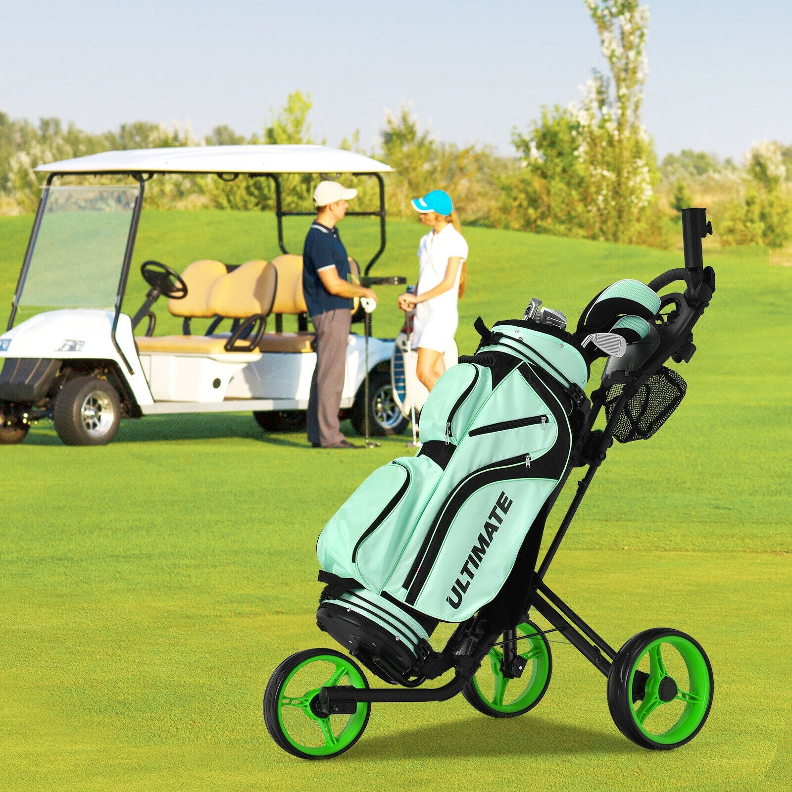 Folding 3 Wheels Golf Push Cart with Brake Scoreboard Adjustable Handle, Green Golf at Gallery Canada