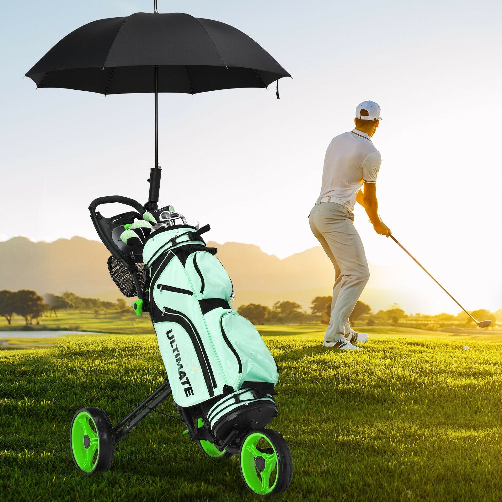 Folding 3 Wheels Golf Push Cart with Brake Scoreboard Adjustable Handle, Green Golf at Gallery Canada