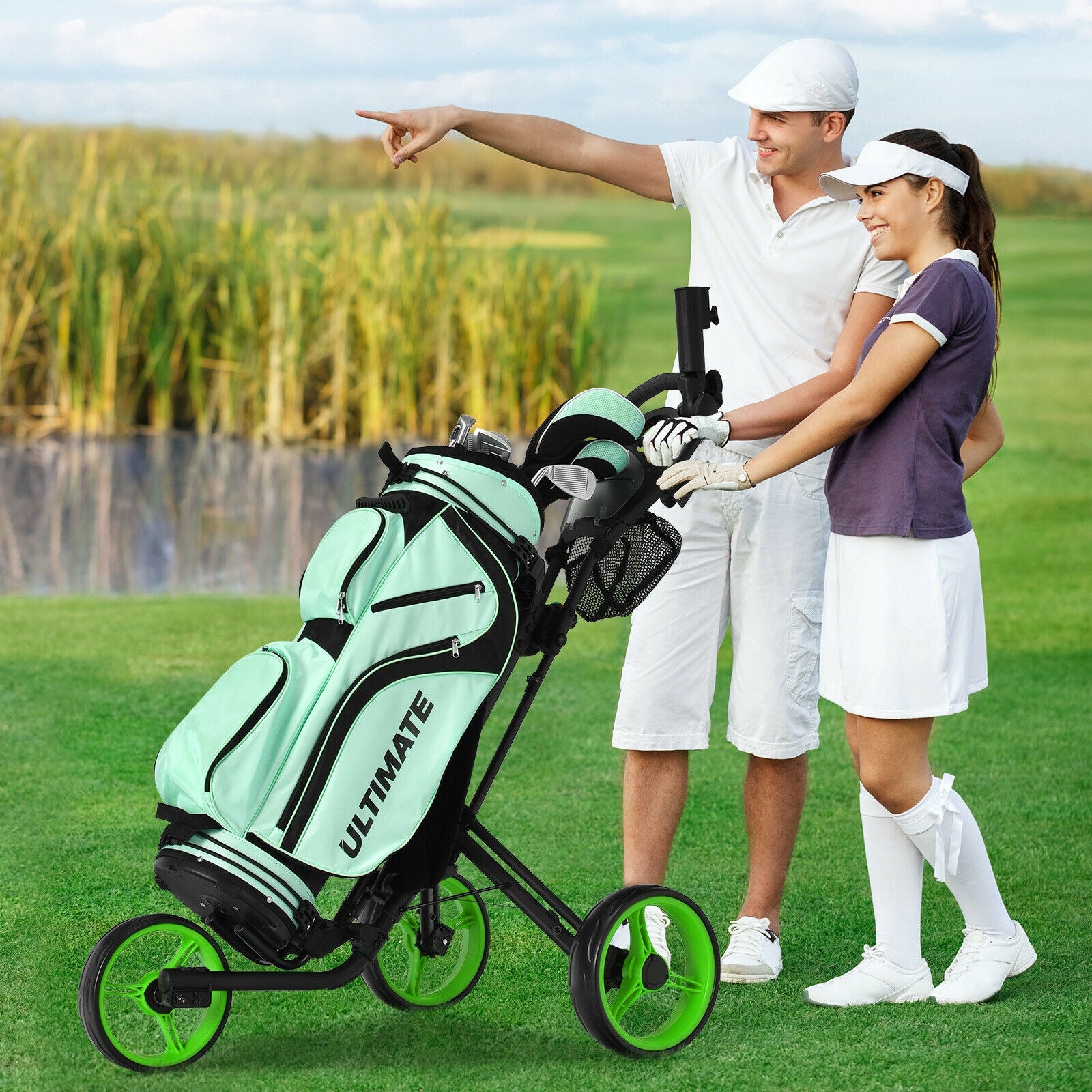 Folding 3 Wheels Golf Push Cart with Brake Scoreboard Adjustable Handle, Green Golf at Gallery Canada