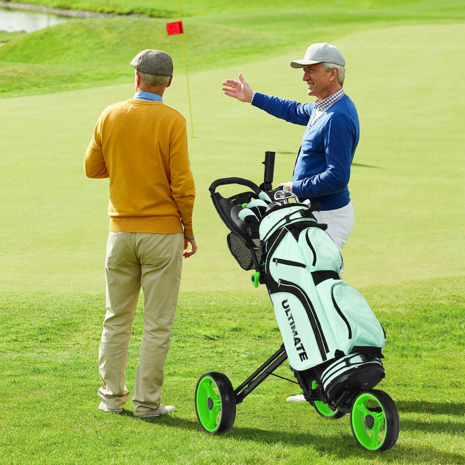 Folding 3 Wheels Golf Push Cart with Brake Scoreboard Adjustable Handle, Green Golf at Gallery Canada