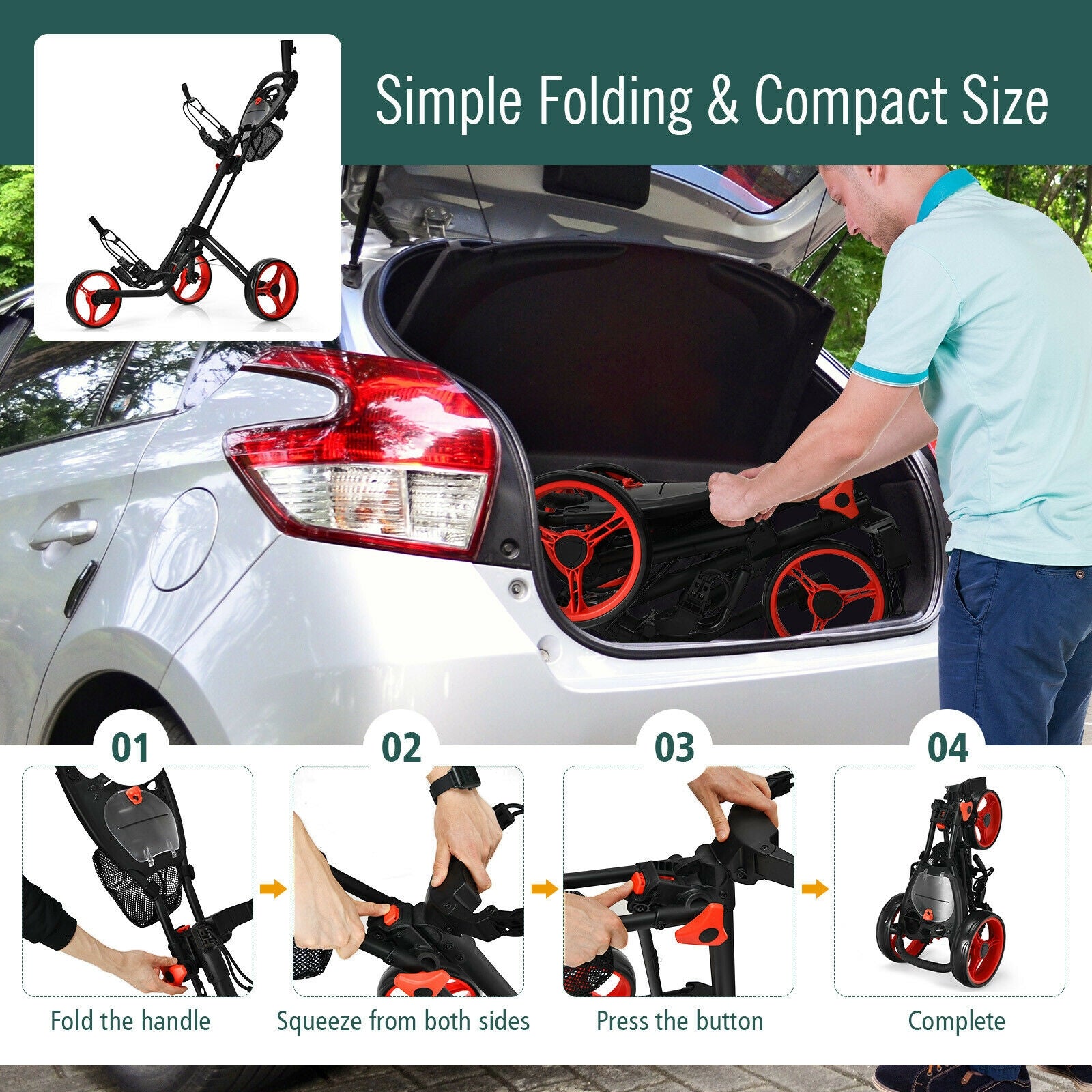 Folding 3 Wheels Golf Push Cart with Brake Scoreboard Adjustable Handle, Red Golf at Gallery Canada