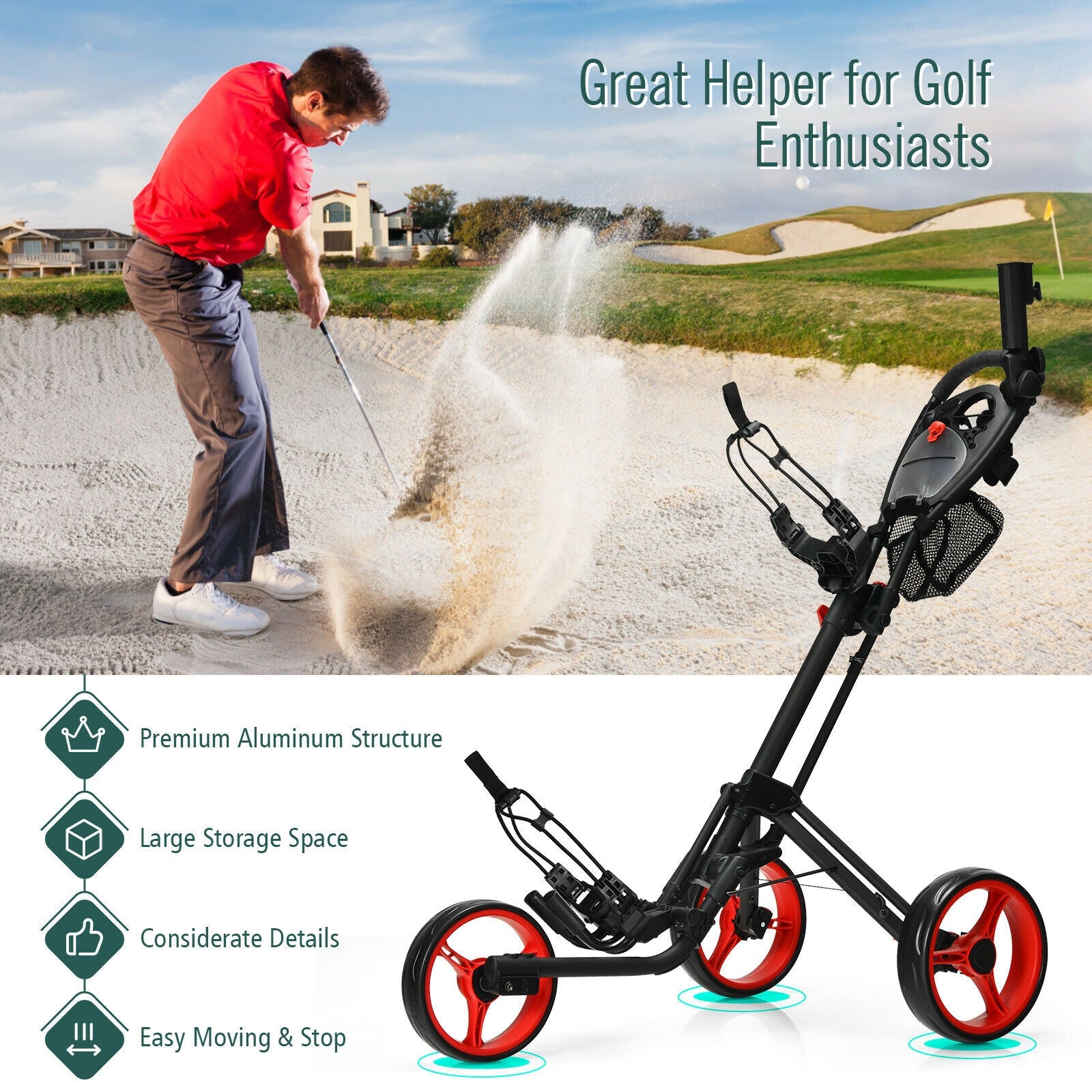 Folding 3 Wheels Golf Push Cart with Brake Scoreboard Adjustable Handle, Red Golf at Gallery Canada