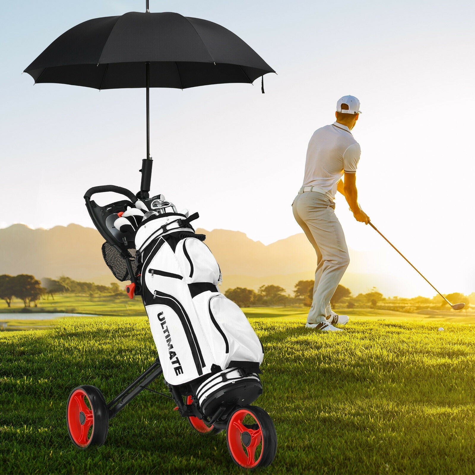 Folding 3 Wheels Golf Push Cart with Brake Scoreboard Adjustable Handle, Red Golf at Gallery Canada