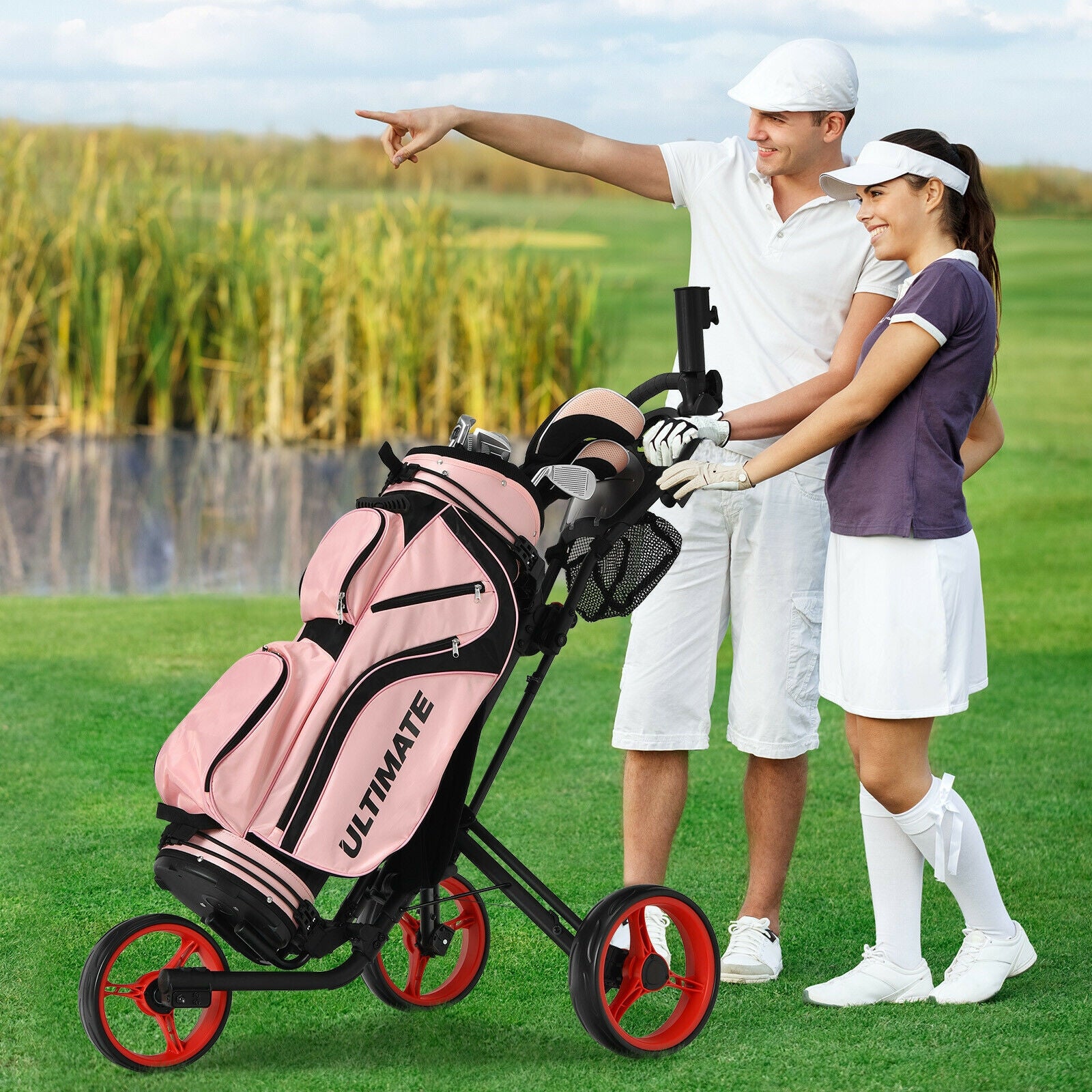 Folding 3 Wheels Golf Push Cart with Brake Scoreboard Adjustable Handle, Red Golf at Gallery Canada