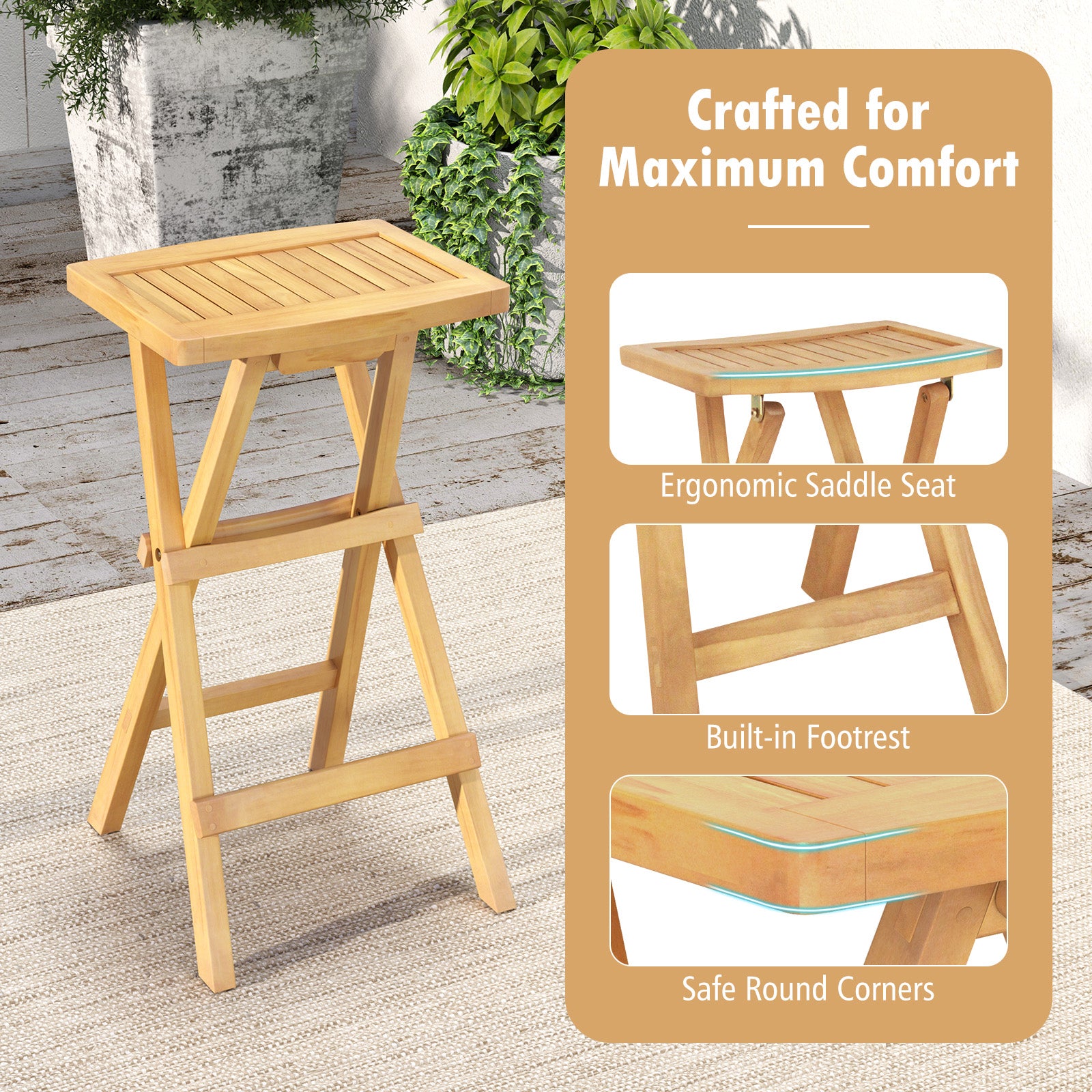 Set of 2 No Assembly Outdoor Bar Stools with Countered Seat, Natural Bar Stools   at Gallery Canada