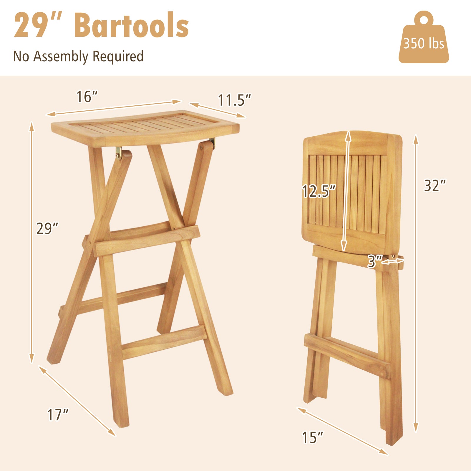 Set of 2 No Assembly Outdoor Bar Stools with Countered Seat, Natural Bar Stools   at Gallery Canada