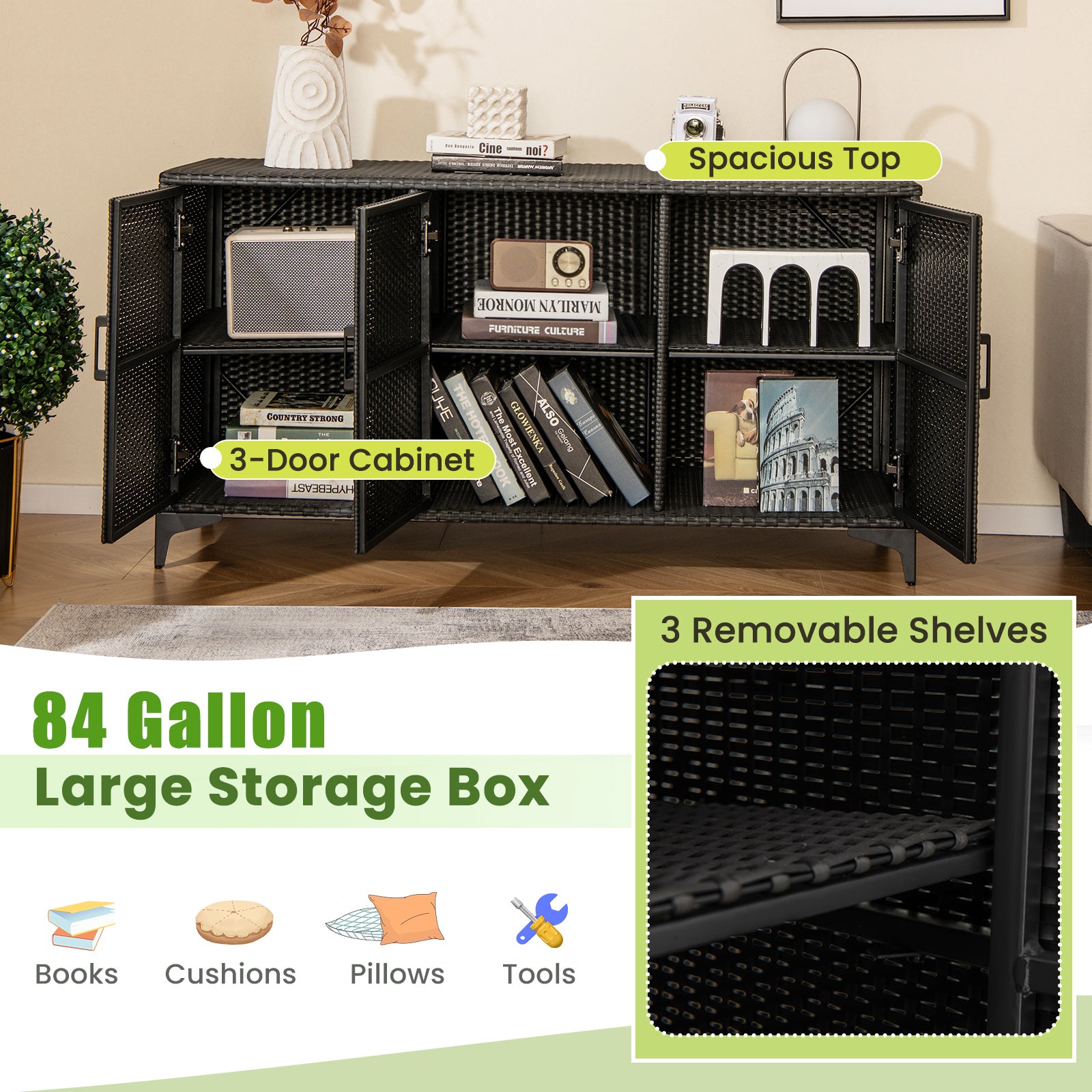 84 Gallon Patio Wicker Deck Box 3-Door PE Rattan Storage Container with Removable Shelves, Black Sheds & Outdoor Storage at Gallery Canada