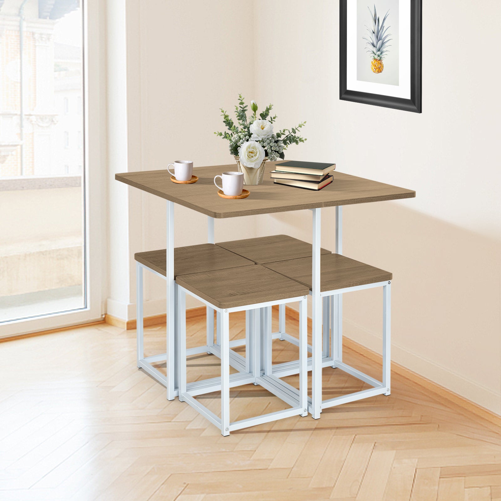 5 Pieces Metal Frame Dining Set with Compact Dining Table and 4 Stools, Natural Dining Room Sets at Gallery Canada