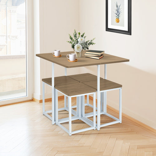 5 Pieces Metal Frame Dining Set with Compact Dining Table and 4 Stools, Natural