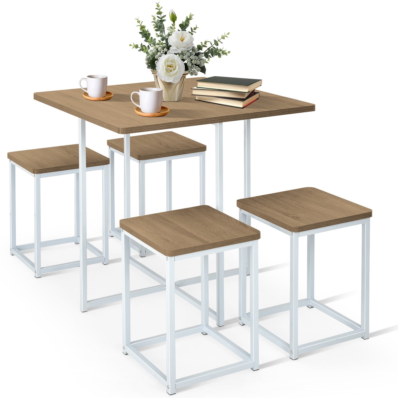 5 Pieces Metal Frame Dining Set with Compact Dining Table and 4 Stools, Natural Dining Room Sets Natural at Gallery Canada