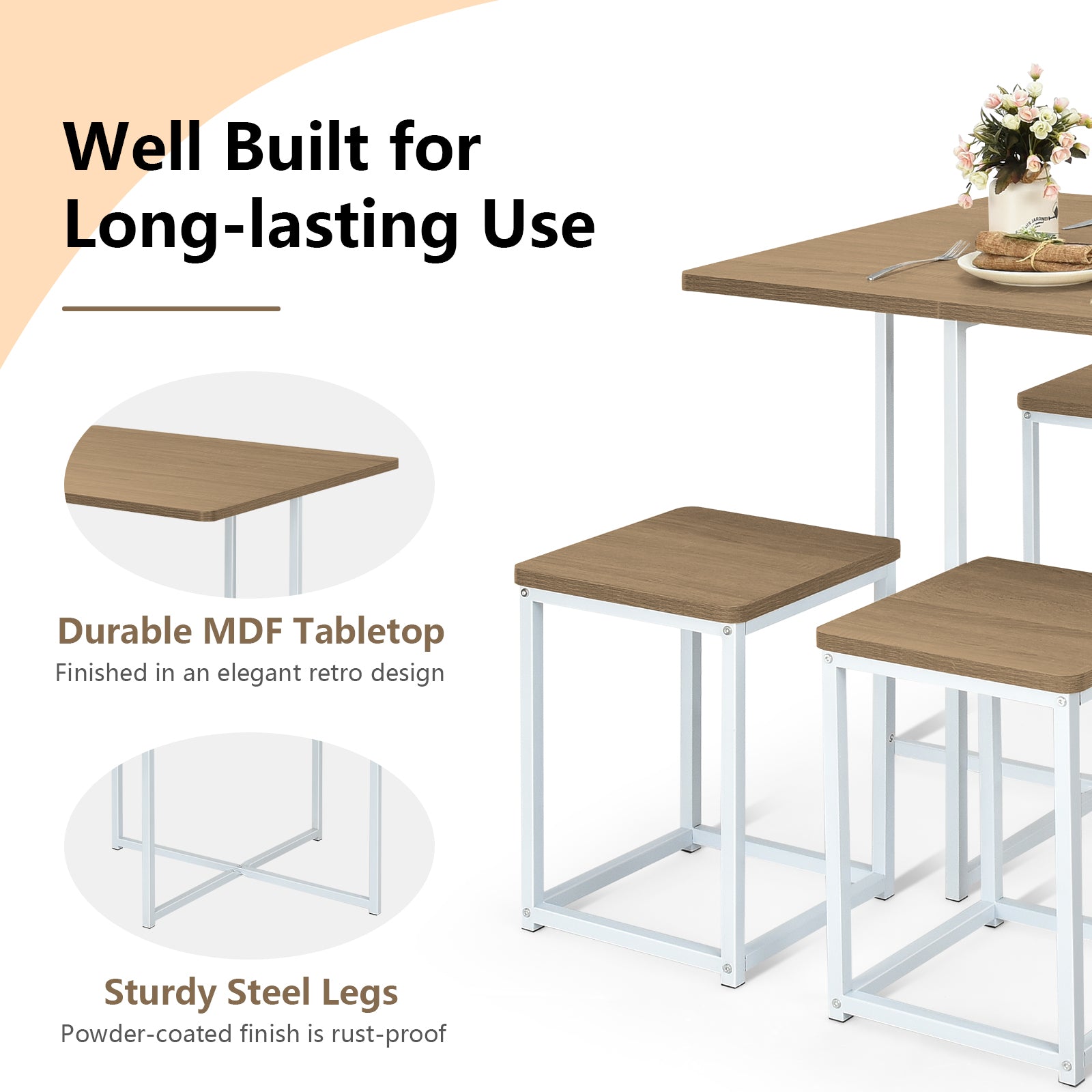 5 Pieces Metal Frame Dining Set with Compact Dining Table and 4 Stools, Natural Dining Room Sets at Gallery Canada