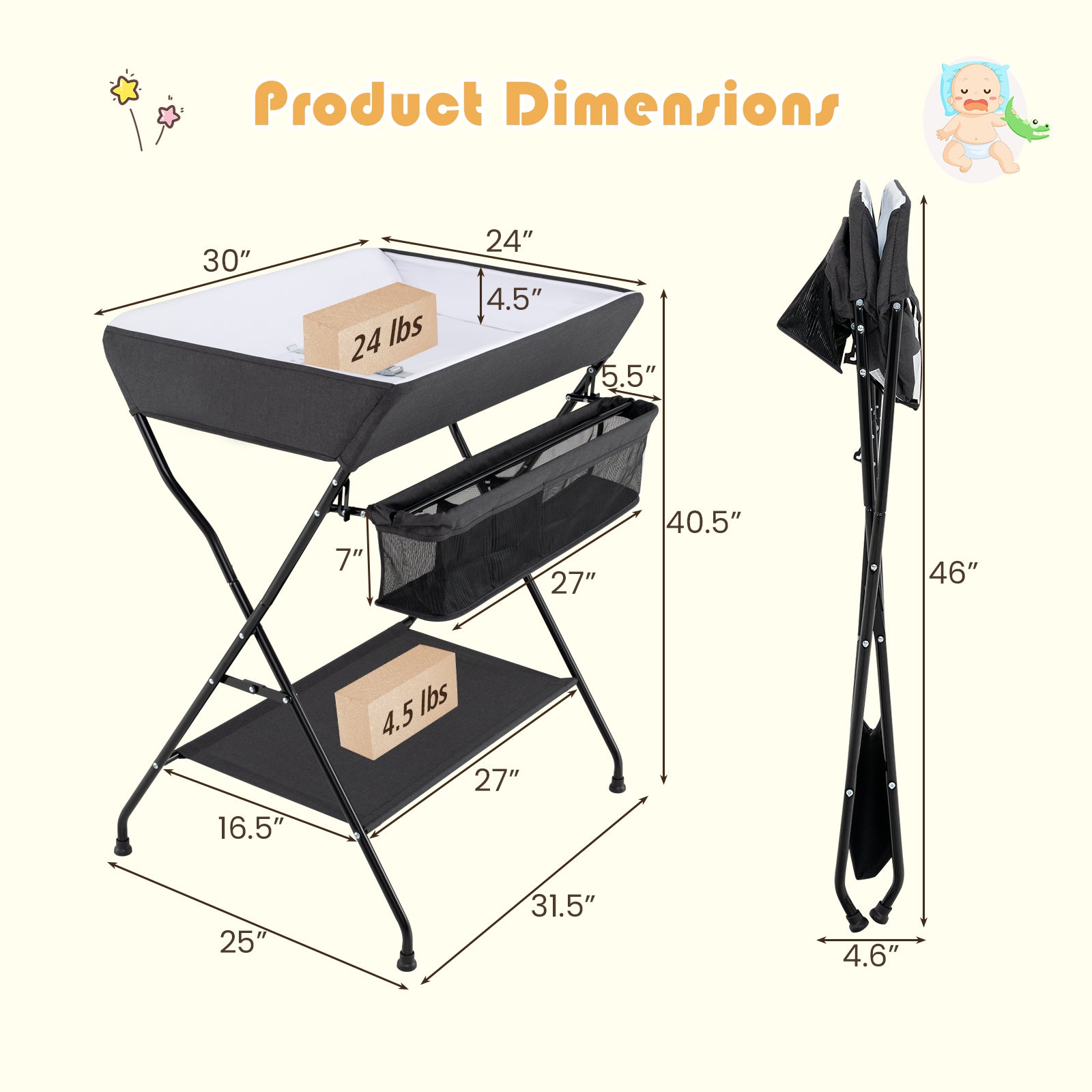 Baby Storage Folding Diaper Changing Table, Black Changing Tables at Gallery Canada
