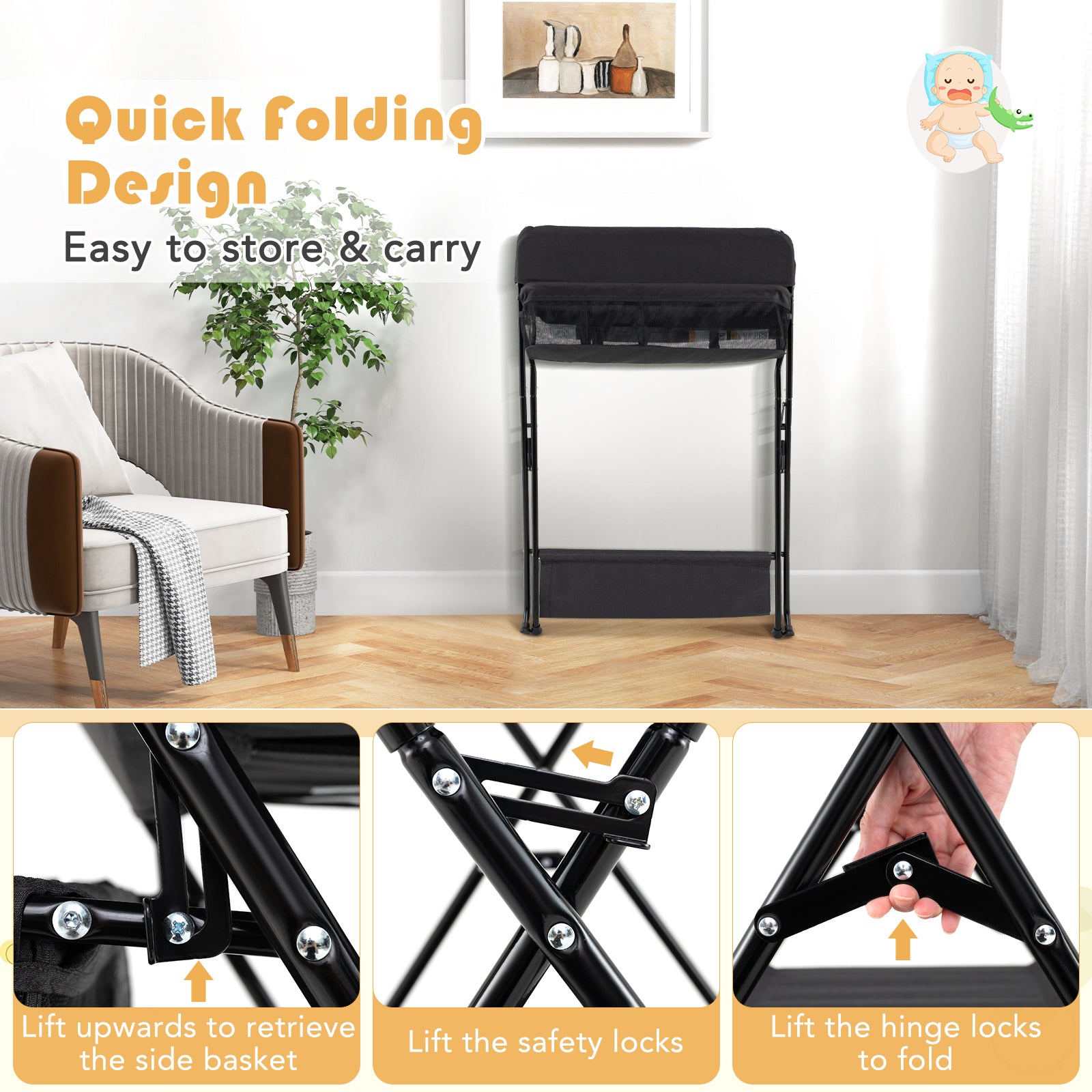 Baby Storage Folding Diaper Changing Table, Black Changing Tables at Gallery Canada