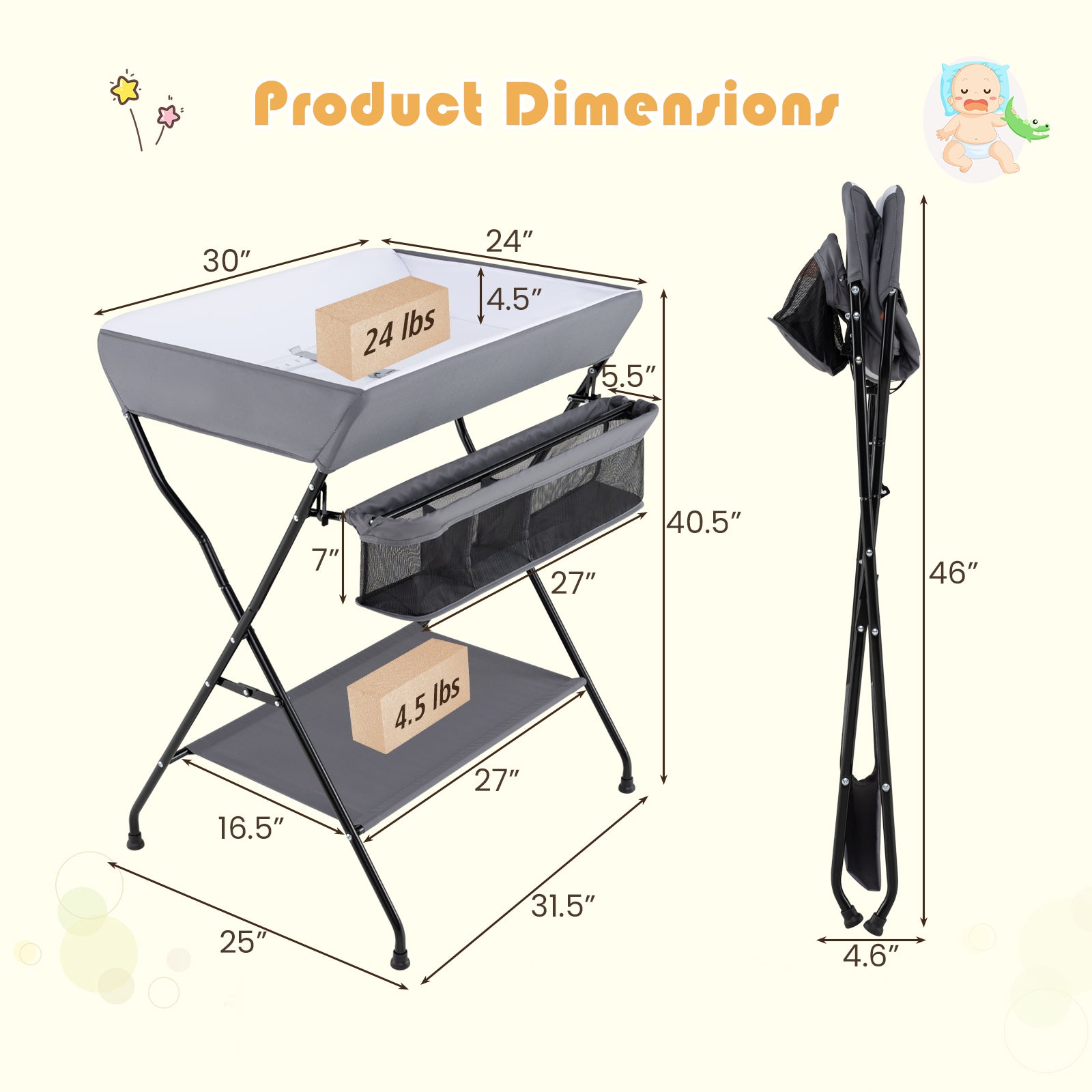 Baby Storage Folding Diaper Changing Table, Gray Changing Tables at Gallery Canada