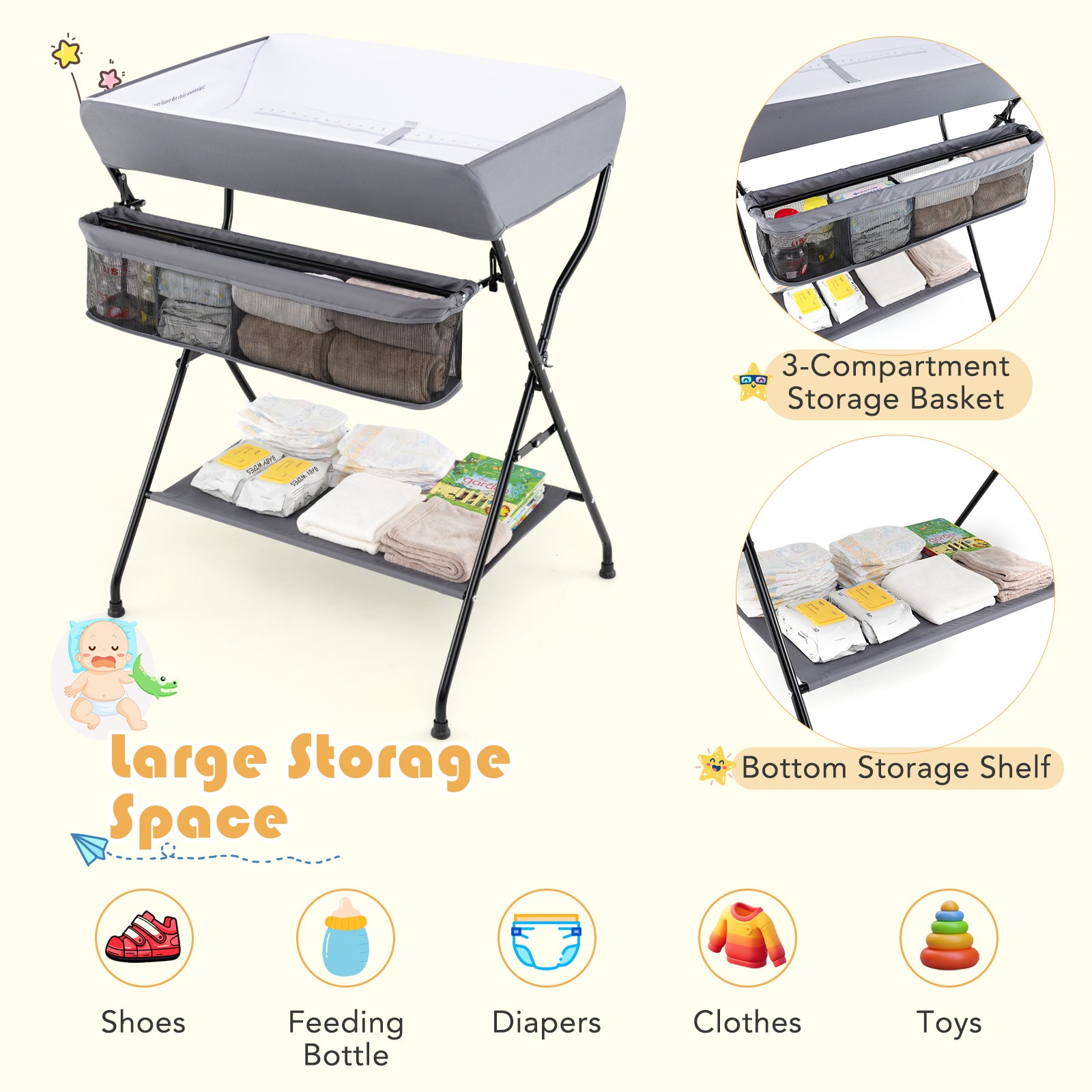 Baby Storage Folding Diaper Changing Table, Gray Changing Tables at Gallery Canada