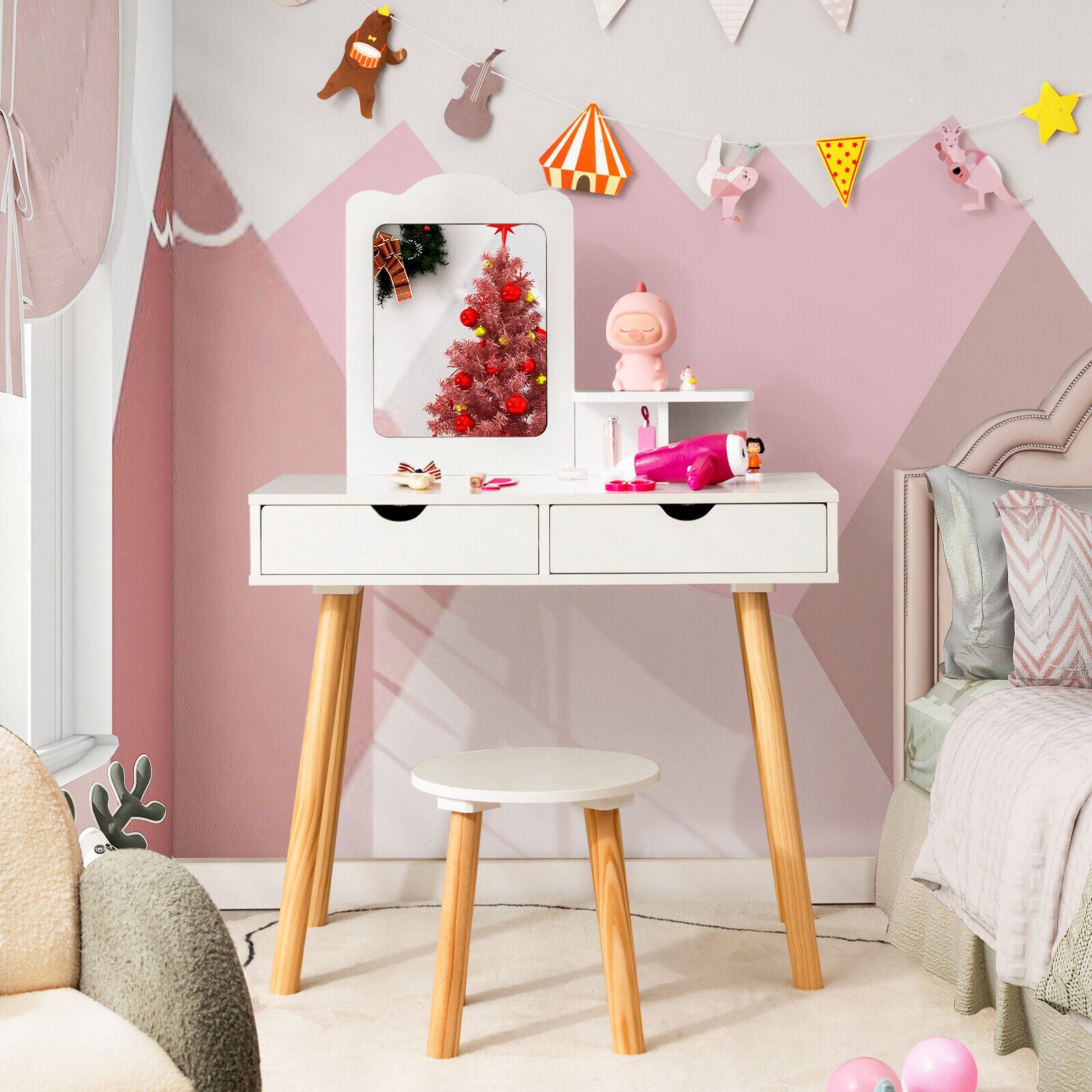 Kid Vanity Table Chair Set with Mirror and 2 Large Storage Drawers, White Kids Vanities at Gallery Canada