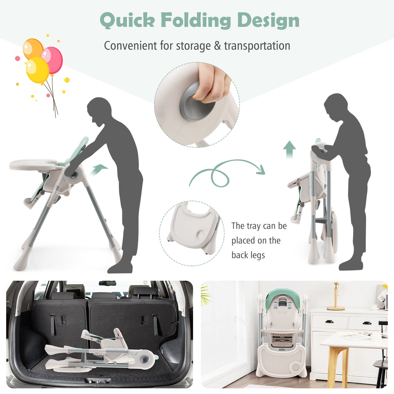 Baby Folding High Chair Dining Chair with Adjustable Height and Footrest, Green High Chairs at Gallery Canada