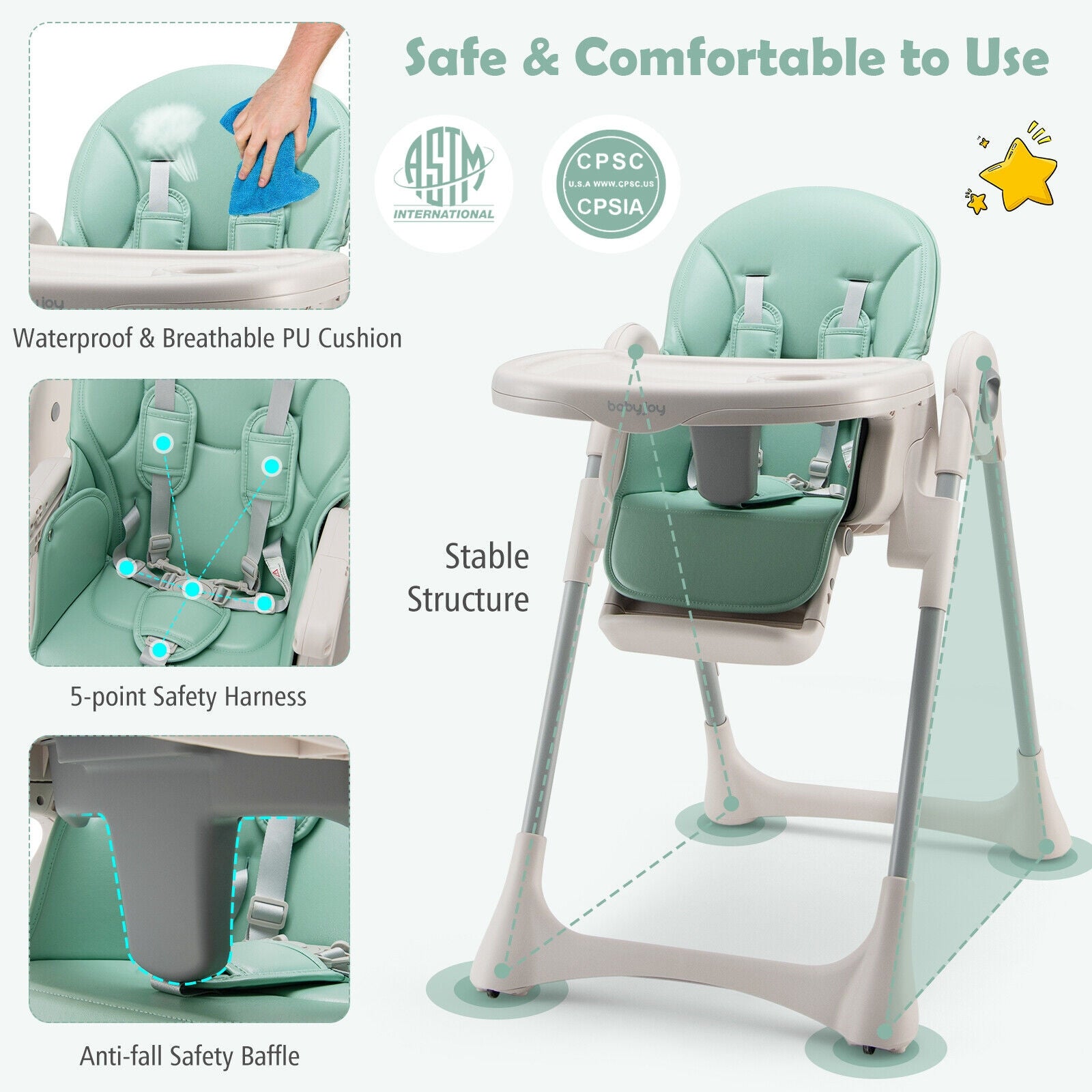 Baby Folding High Chair Dining Chair with Adjustable Height and Footrest, Green High Chairs at Gallery Canada