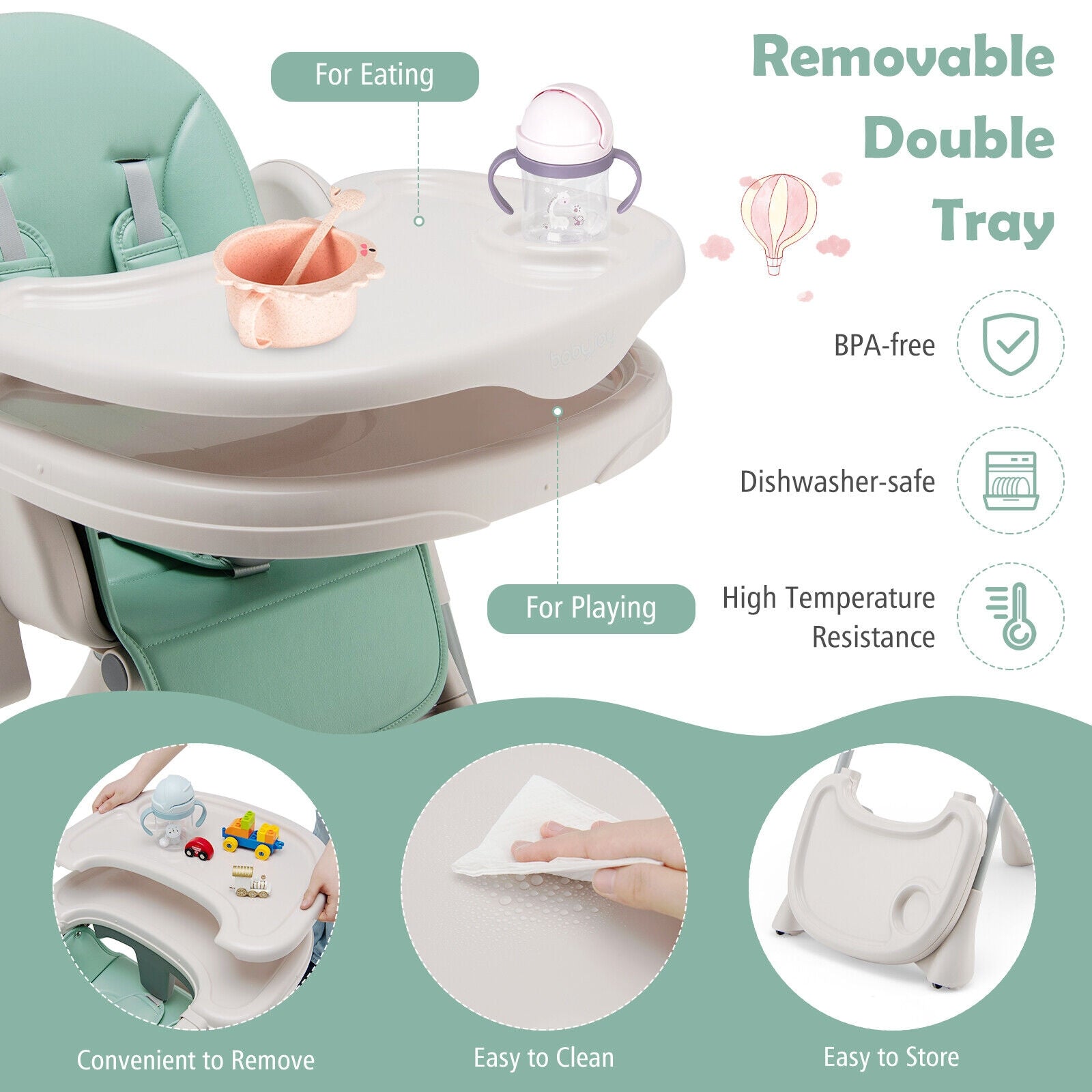 Baby Folding High Chair Dining Chair with Adjustable Height and Footrest, Green High Chairs at Gallery Canada
