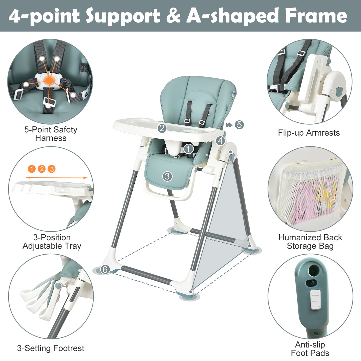 Foldable Baby High Chair with Double Removable Trays and Book Holder, Green High Chairs at Gallery Canada