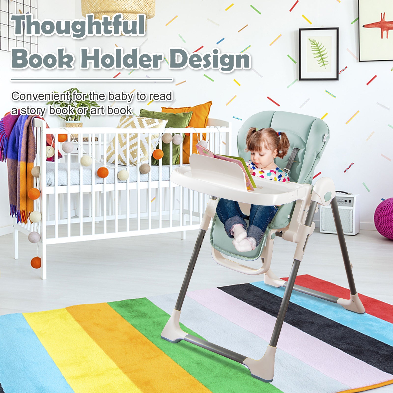 Foldable Baby High Chair with Double Removable Trays and Book Holder, Green High Chairs at Gallery Canada