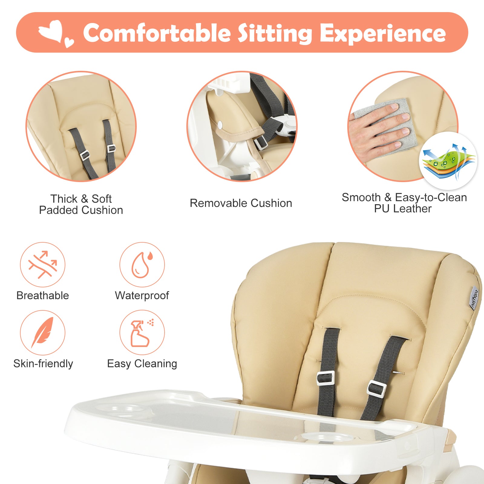 Foldable Baby High Chair with Double Removable Trays and Book Holder, Beige High Chairs at Gallery Canada