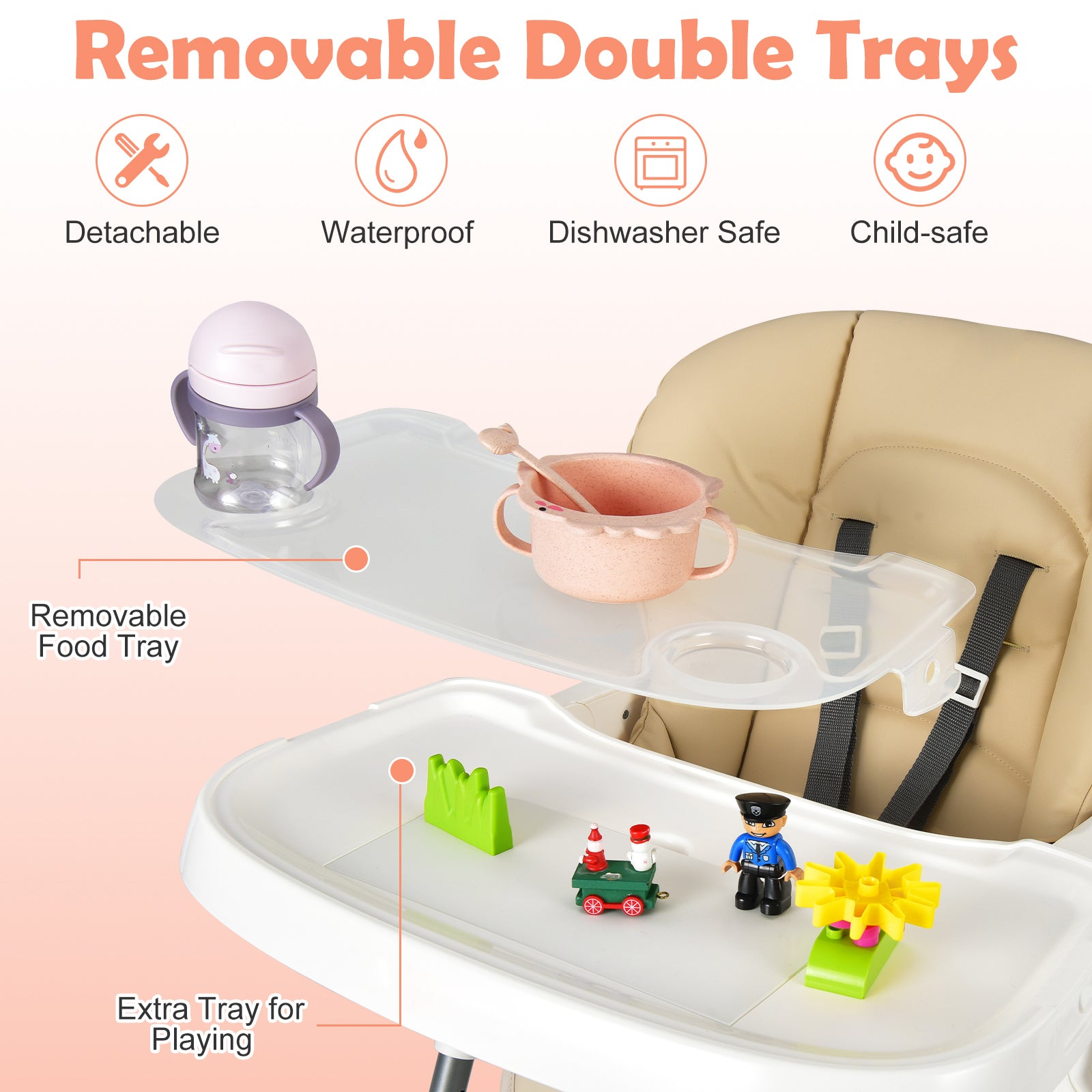 Foldable Baby High Chair with Double Removable Trays and Book Holder, Beige High Chairs at Gallery Canada