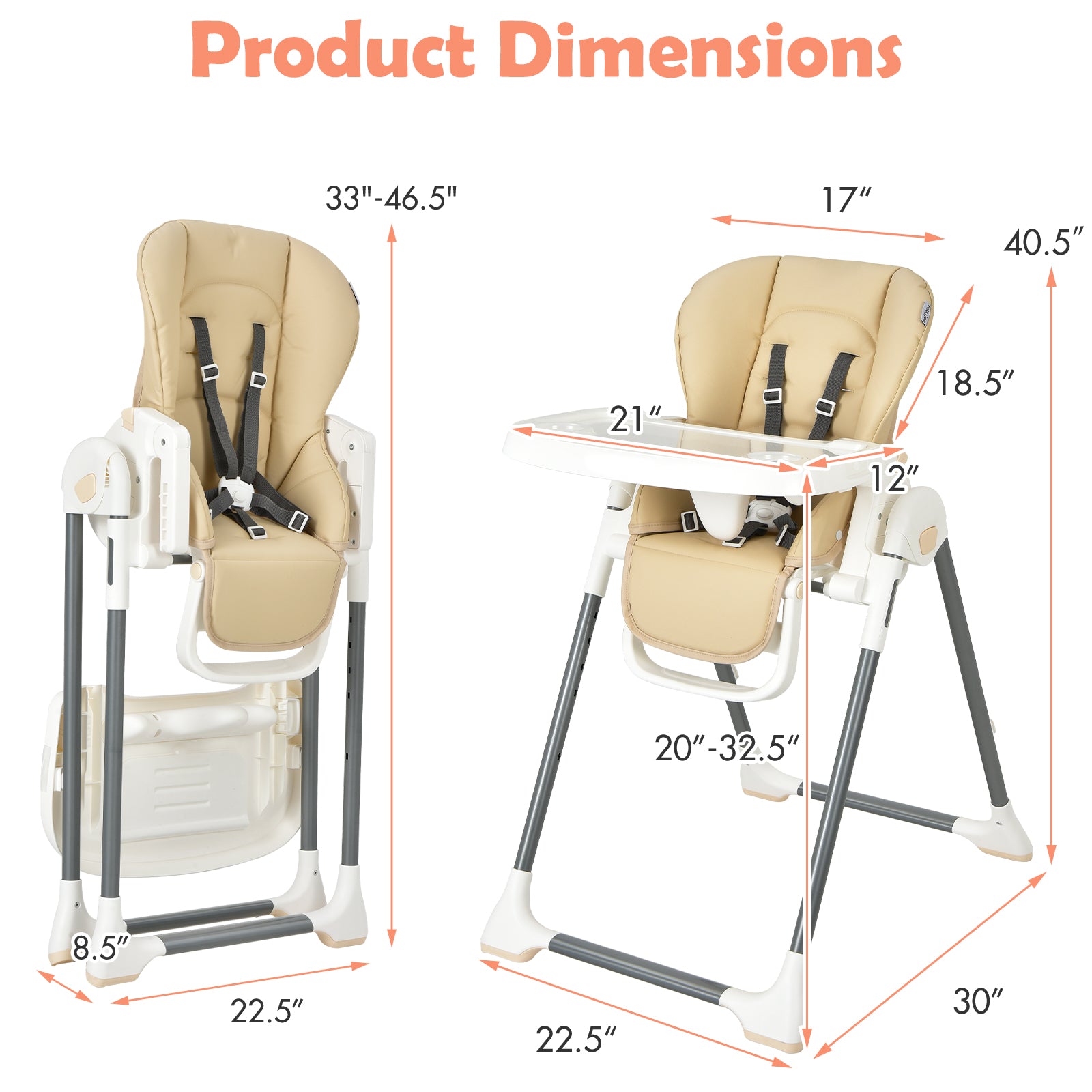 Foldable Baby High Chair with Double Removable Trays and Book Holder, Beige High Chairs at Gallery Canada