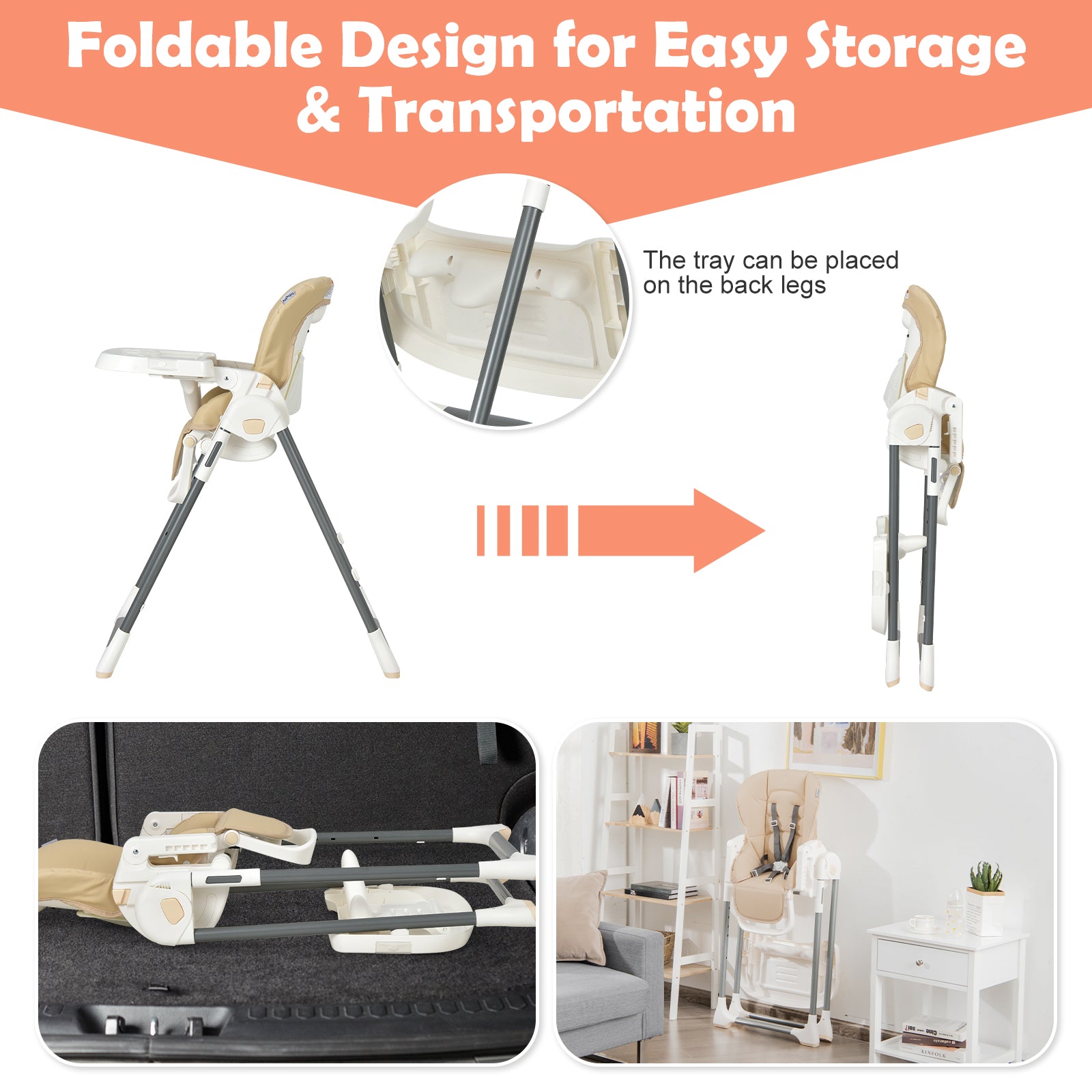 Foldable Baby High Chair with Double Removable Trays and Book Holder, Beige High Chairs at Gallery Canada