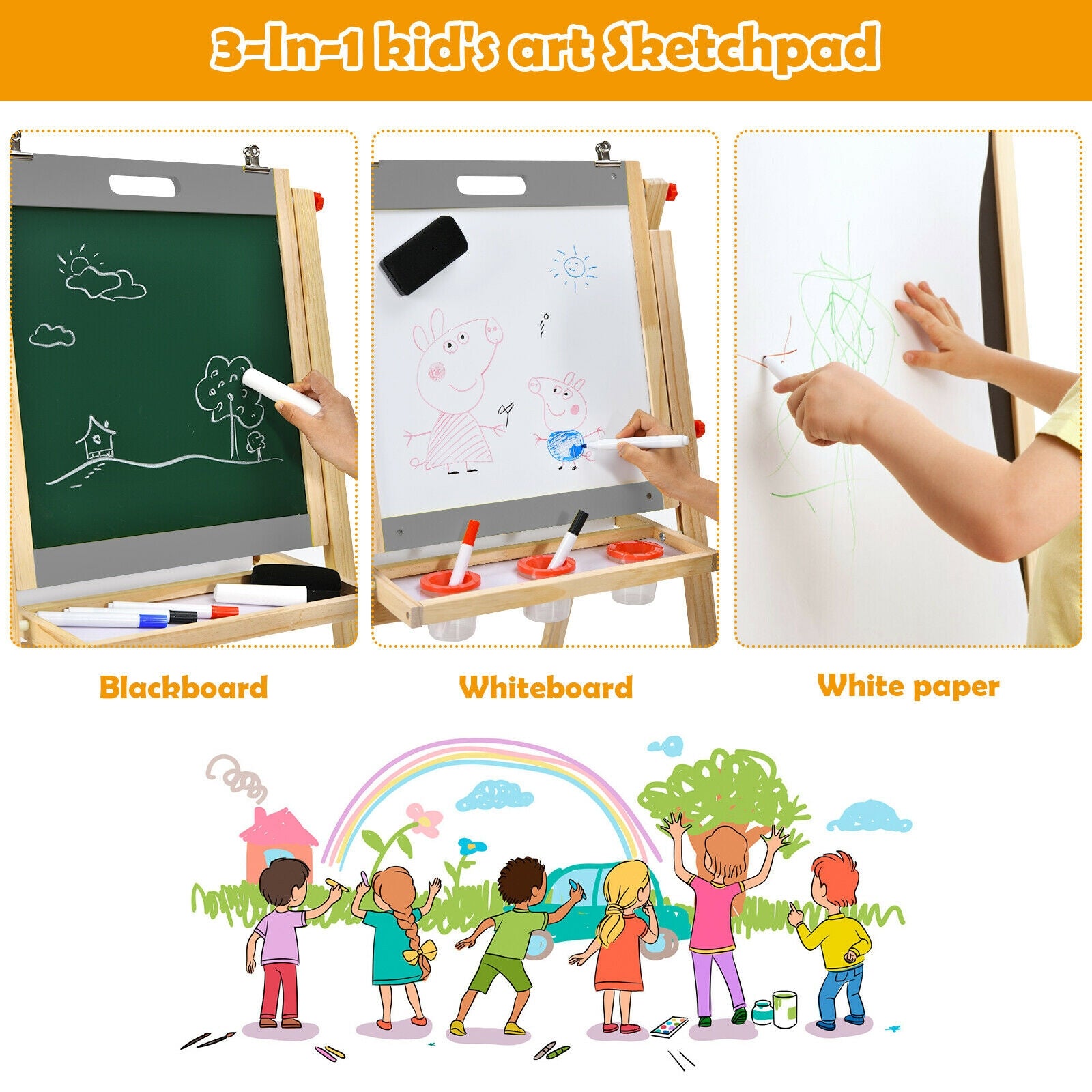 Kids Art Easel with Paper Roll Double Sided Chalkboard and Whiteboard, Gray Art Easels at Gallery Canada