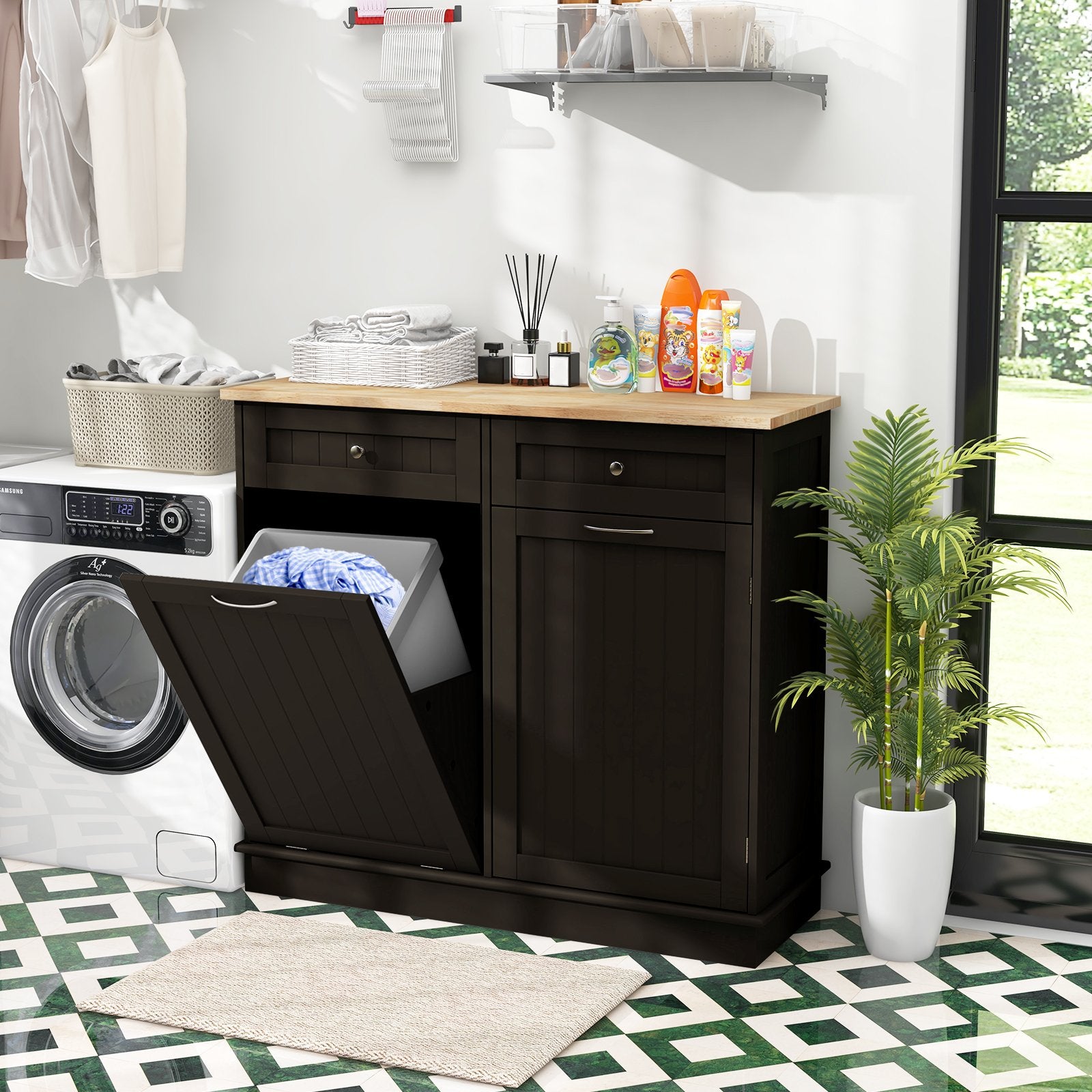 Kitchen Tilt Out Trash Cabinet with 11 Gallon Hidden Garbage Holder and Adjustable Shelf, Brown Kitchen Islands & Carts   at Gallery Canada