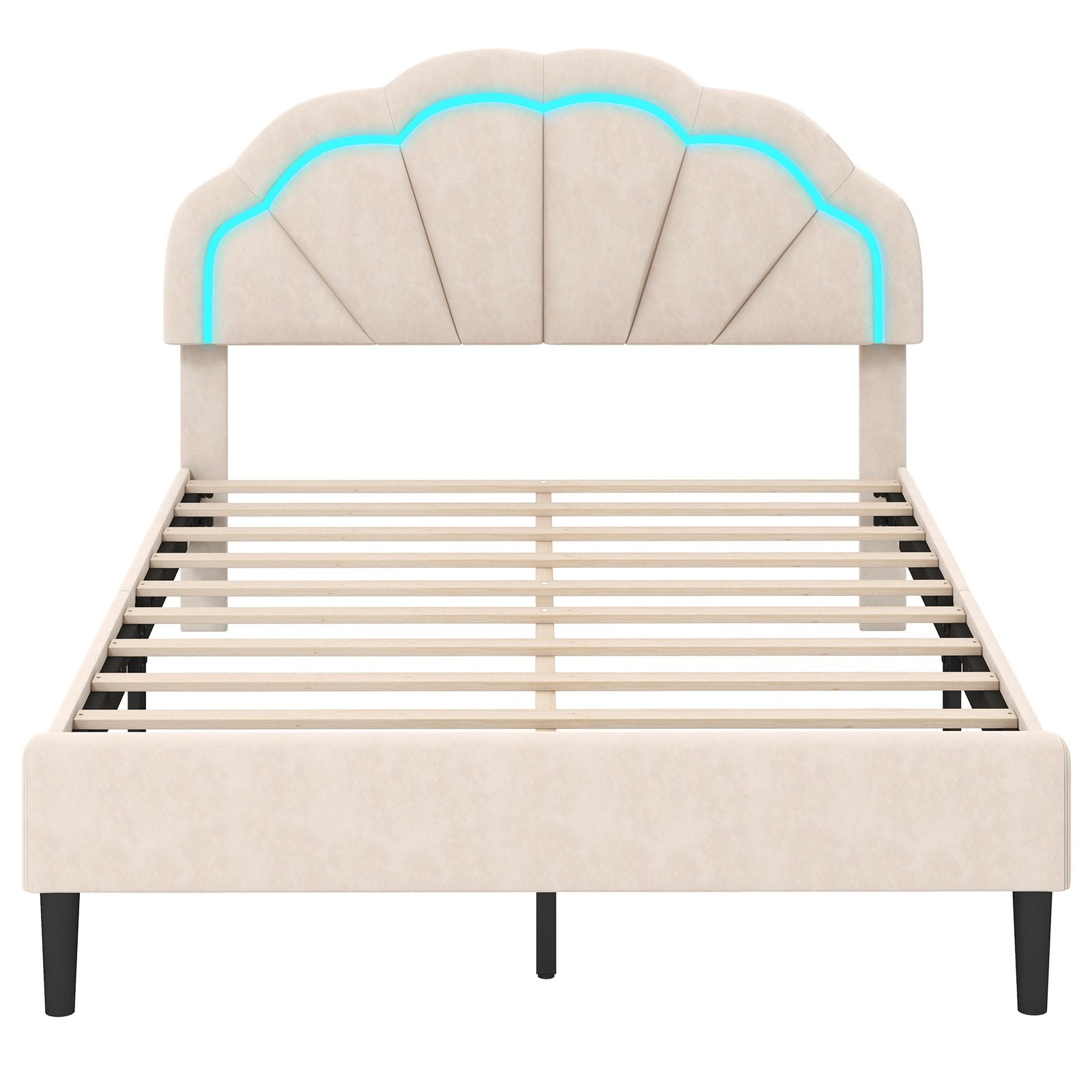 Upholstered LED Bed Frame with Adjustable Flower Headboard and Metal Support Feet-Full Size Trundle Bed Frame Full Size - Beige  at Gallery Canada