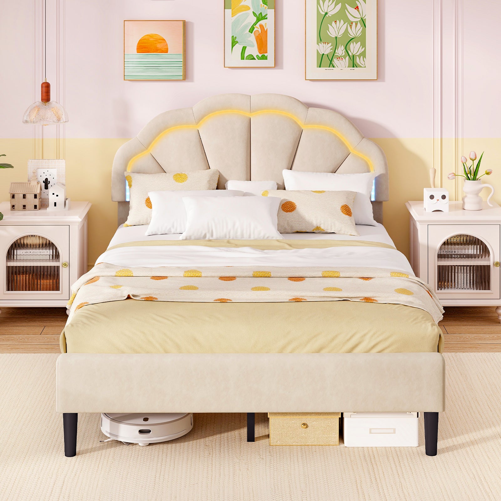 Upholstered LED Bed Frame with Adjustable Flower Headboard and Metal Support Feet-Full Size Trundle Bed Frame   at Gallery Canada