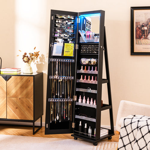 64 Inches Lockable Jewelry Cabinet Armoire with Built-in Makeup Mirror, Black