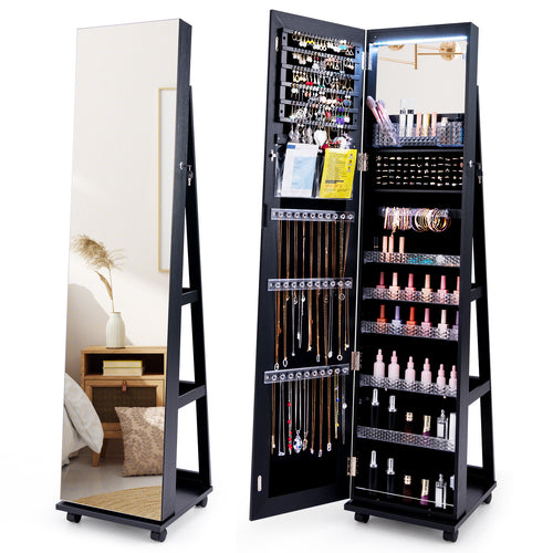 64 Inches Lockable Jewelry Cabinet Armoire with Built-in Makeup Mirror, Black