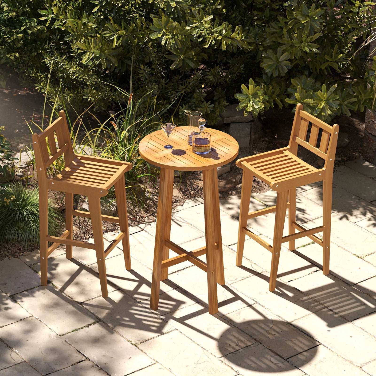 30 Inch Teak Wood Bar Chair with Footrest and Backrest for Deck Poolside Garden, Natural Patio Bar Furniture at Gallery Canada