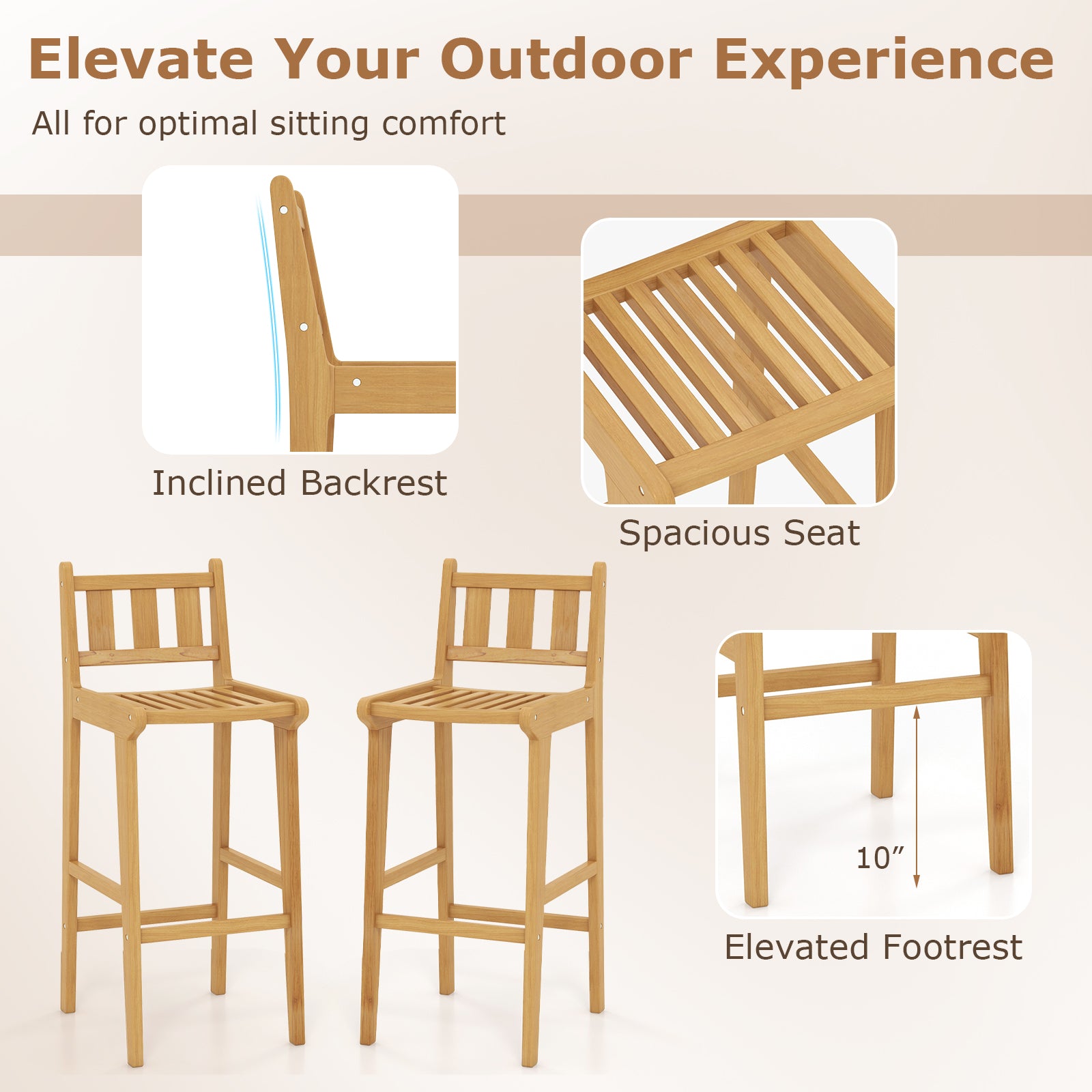 30 Inch Teak Wood Bar Chair with Footrest and Backrest for Deck Poolside Garden, Natural Patio Bar Furniture at Gallery Canada