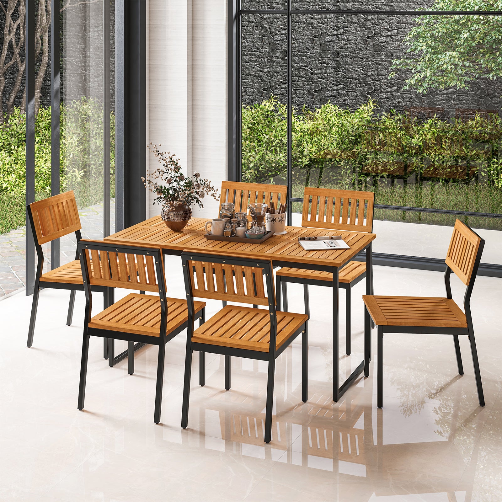 Patio Dining Chair Set of 2 with Metal and Acacia Wood Frame, Natural Dining Chairs   at Gallery Canada