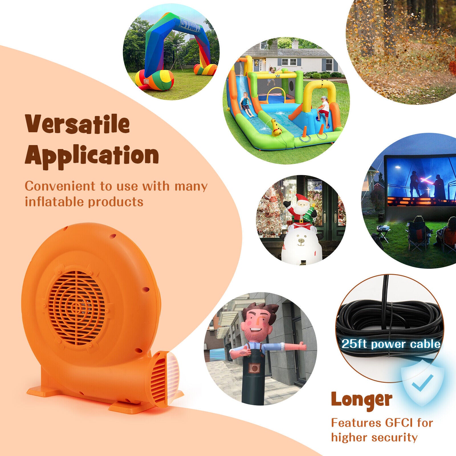 680W Air Blower (1.0HP) for Inflatables with 25 feet Wire and GFCI Plug, Orange Air Blowers at Gallery Canada
