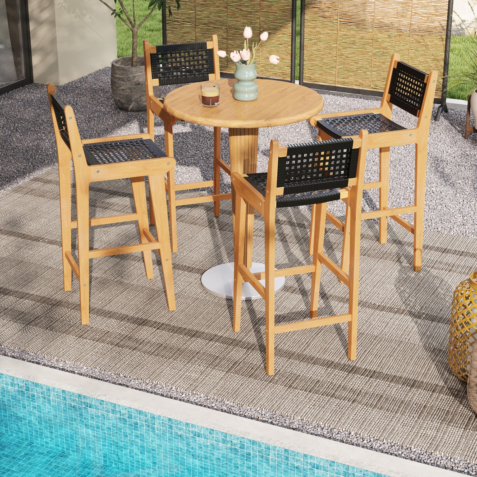 30 Inch Rattan Teak Wood Bar Stool with Backrest and Footrest Patio Bar Furniture at Gallery Canada