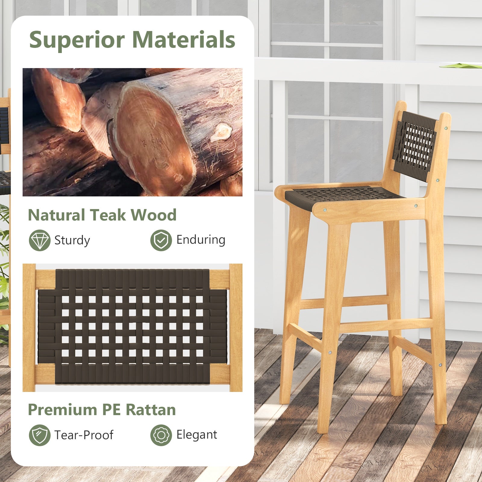 30 Inch Rattan Teak Wood Bar Stool with Backrest and Footrest Patio Bar Furniture at Gallery Canada