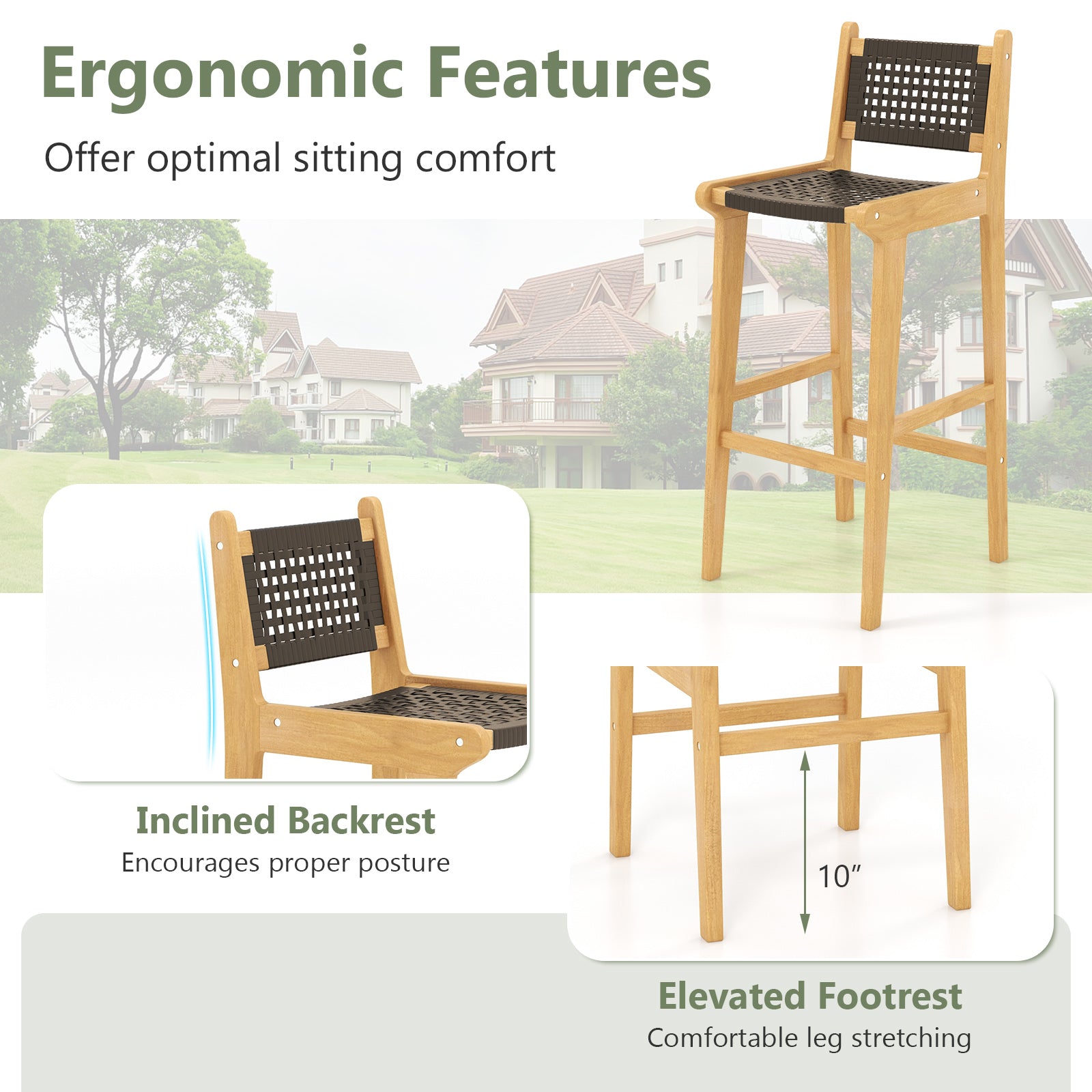 30 Inch Rattan Teak Wood Bar Stool with Backrest and Footrest Patio Bar Furniture at Gallery Canada