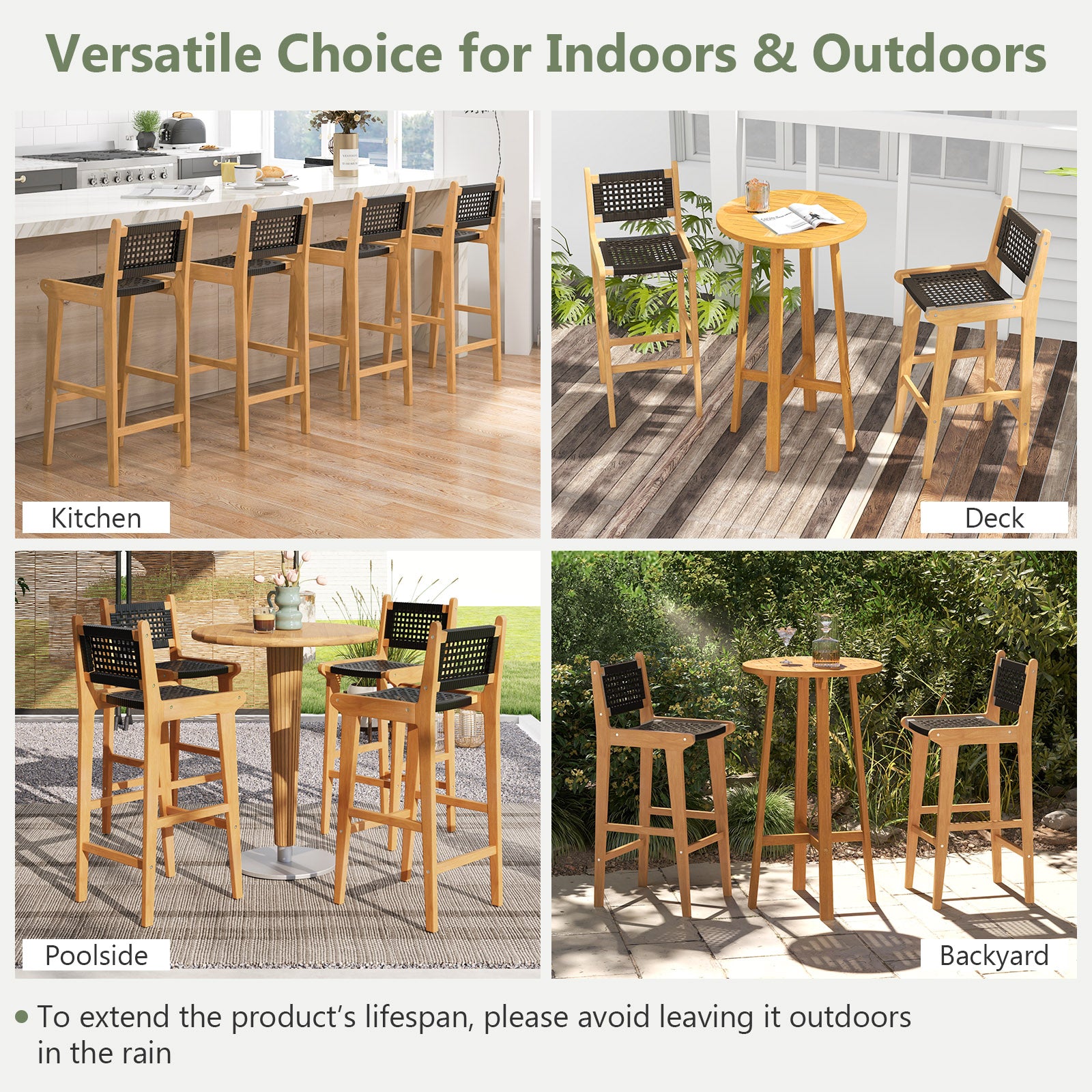 30 Inch Rattan Teak Wood Bar Stool with Backrest and Footrest Patio Bar Furniture at Gallery Canada