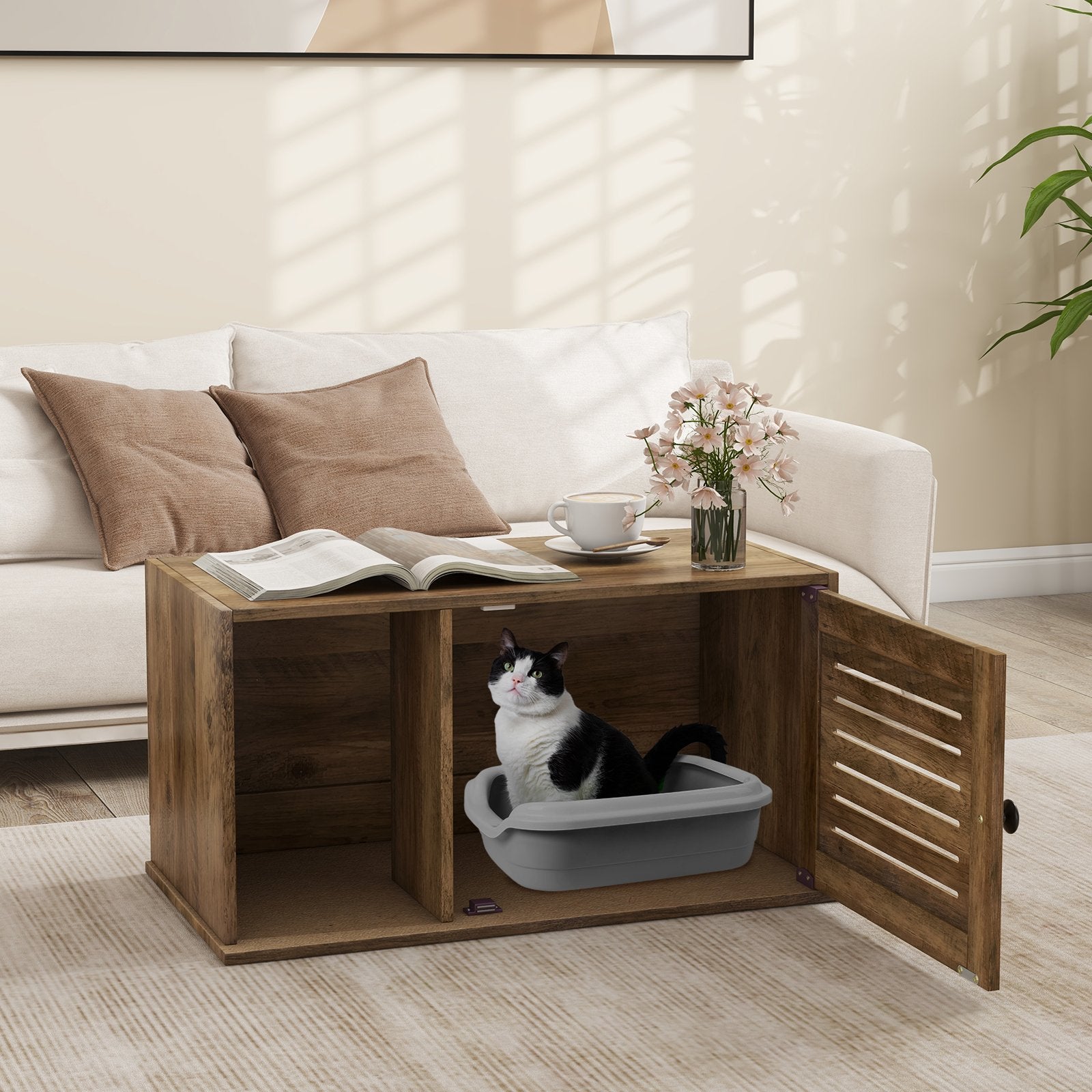 Cat Litter Box Enclosure with Louvered Door and Open Compartment, Oak Cat Houses   at Gallery Canada