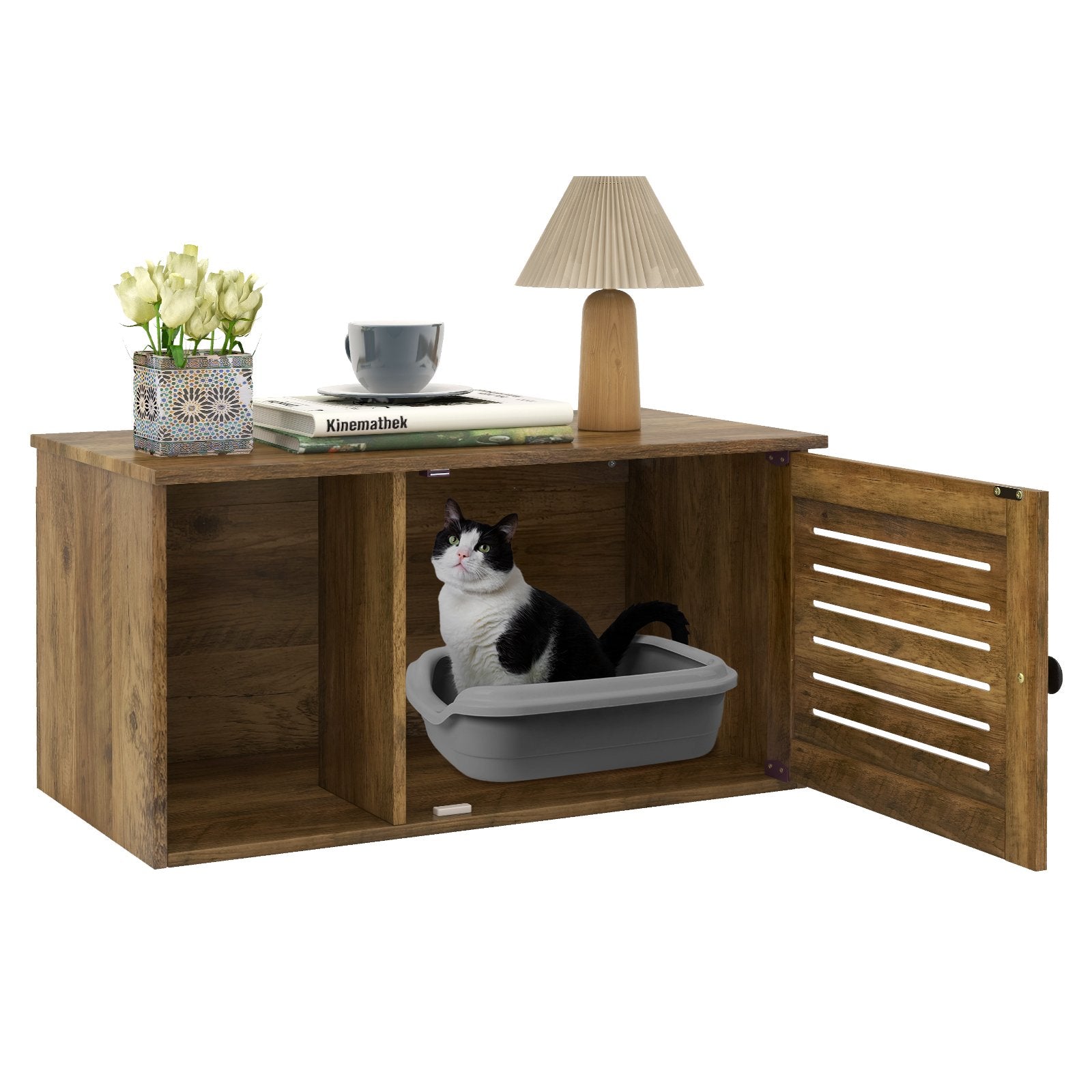 Cat Litter Box Enclosure with Louvered Door and Open Compartment, Oak Cat Houses   at Gallery Canada