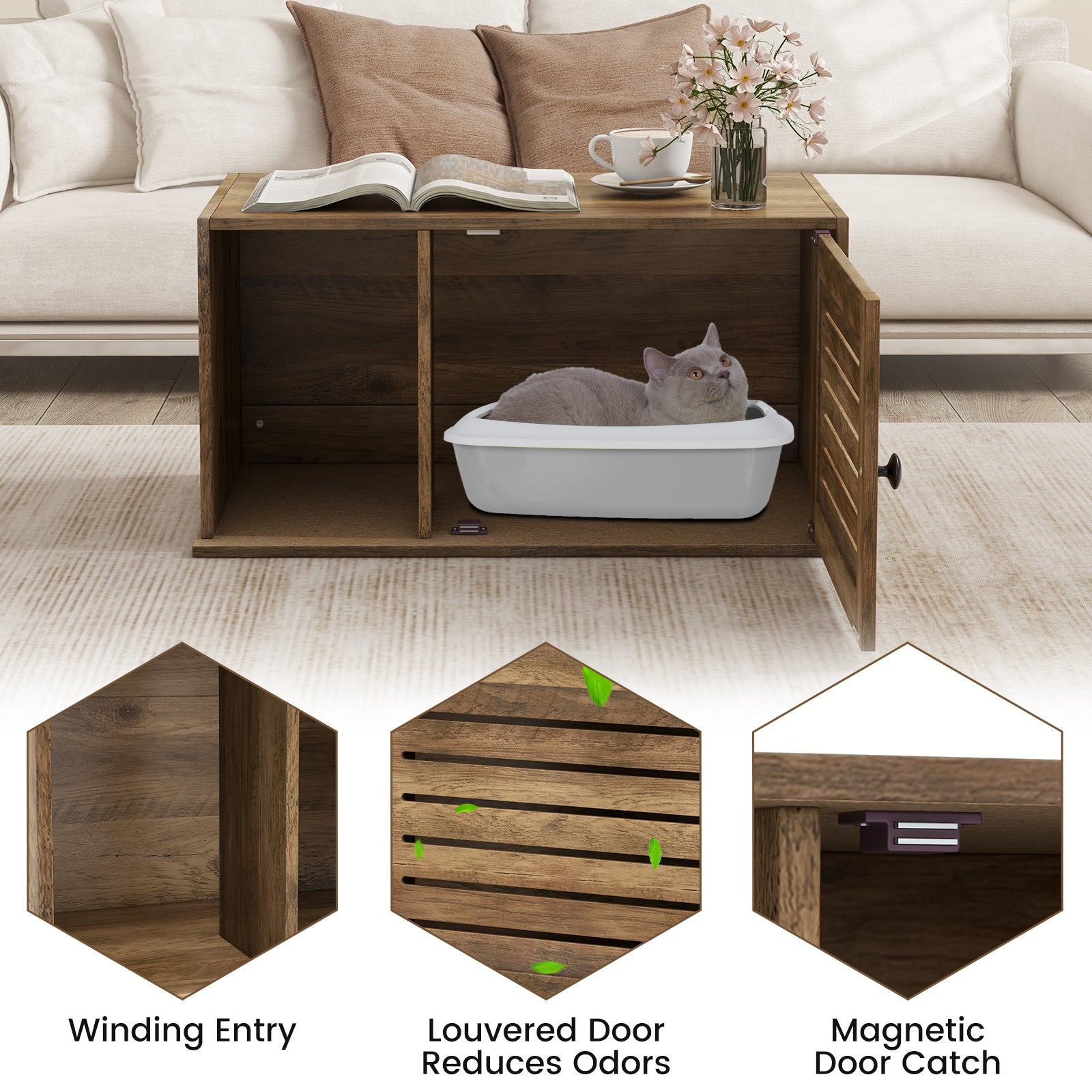 Cat Litter Box Enclosure with Louvered Door and Open Compartment, Oak Cat Houses   at Gallery Canada