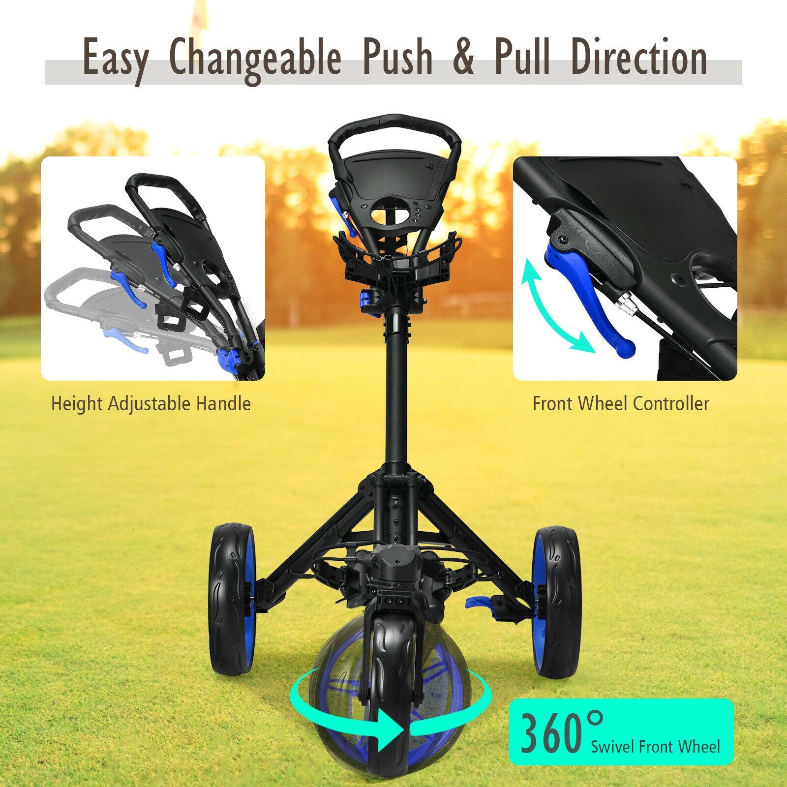 Folding Golf Push Cart with Scoreboard Adjustable Handle Swivel Wheel, Blue Golf at Gallery Canada