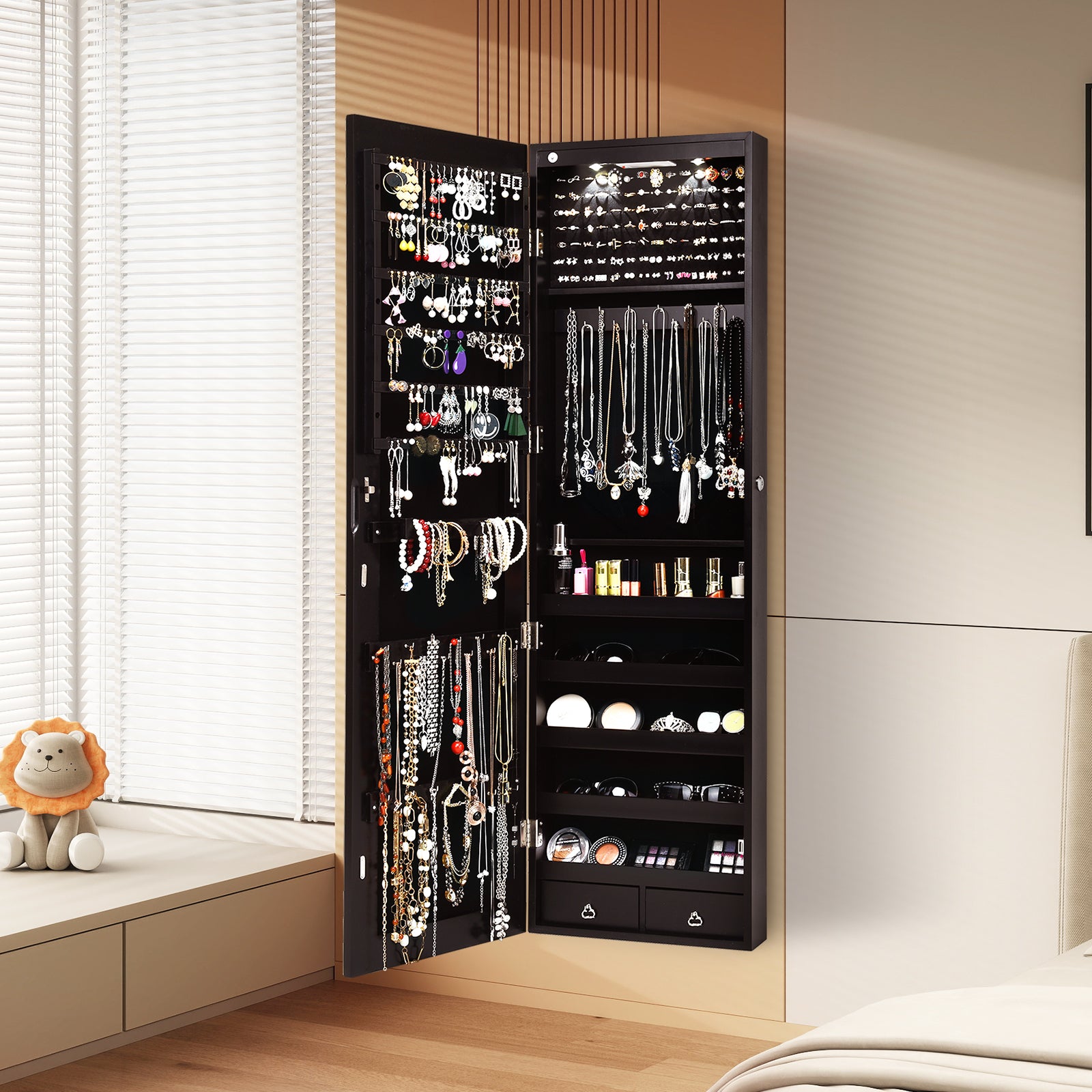 Wall And Door Mounted Mirrored Jewelry Cabinet With Lights, Brown Jewelry Armoires at Gallery Canada